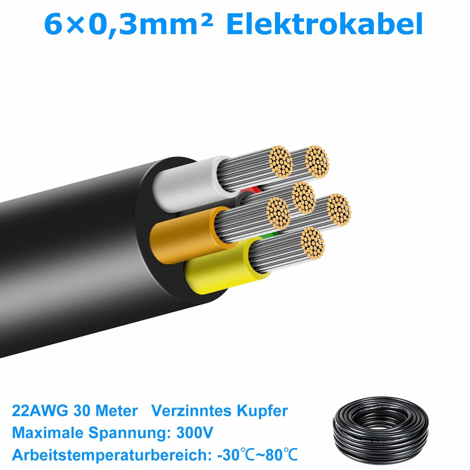 Kabel elektryczny 22AWG 6 x 0,3 mm², 30 m, 6 żył 5 V/12 V/24 V/300 V, kabel zasilający, ocynkowany kabel miedziany, elastyczny i miękki, niska impedancja, wysoka odporność na temperaturę, przedłużacz