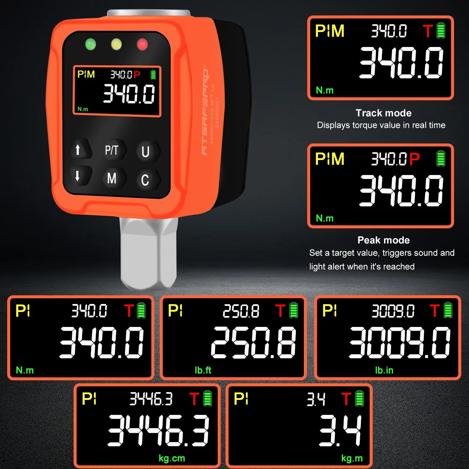 ATsafepro Cyfrowy Przenośnik Momentu 1/2" 17-340 Nm, Klucz Dynamometryczny z Kolorowym Wyświetlaczem LCD i Sygnalizatorem Dźwiękowym, Adaptery 1/4” i 3/8” do Samochodu i Motocykla, Dokładny Pomiar, Pr