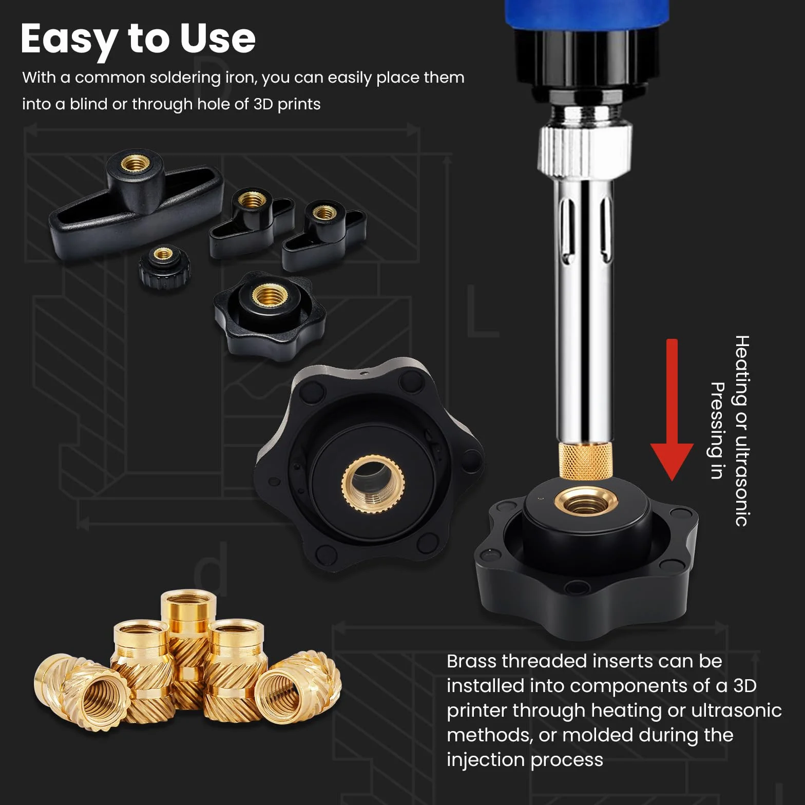 1/4"-20 Heat Set wkładki gwintowane, 60 sztuk 1/4"-20 x 5 x 8 wkładki grzewcze do komponentów drukujących 3D i części z tworzywa sztucznego, mosiężne nakrętki