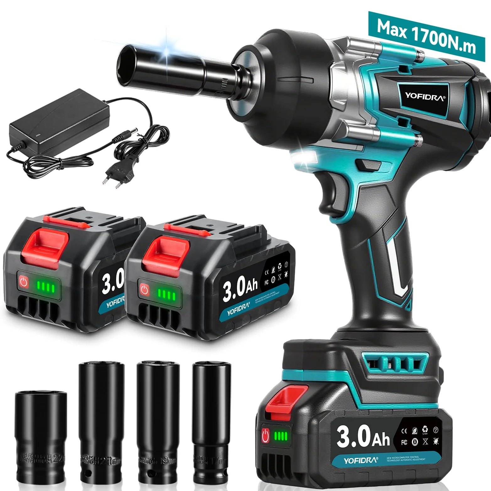 Yofidra Bezprzewodowy Klucz Udarowy 1700Nm | 1/2" Bezszczotkowy | 2x3.0Ah Akumulator | 3 Biegi | Światło LED | 4 Nasadki | Elektryczny Pistolet do Samochodów i Naprawy Ciężkich Maszyn
