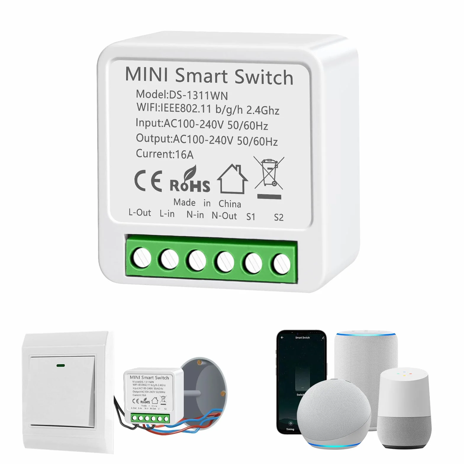 Przełącznik WiFi, przełącznik 16 A, inteligentny przełącznik WiFi przekaźnik, przełączniki światła Alexa, sterowanie głosem, wymagany kabel neutralny, zegar DIY