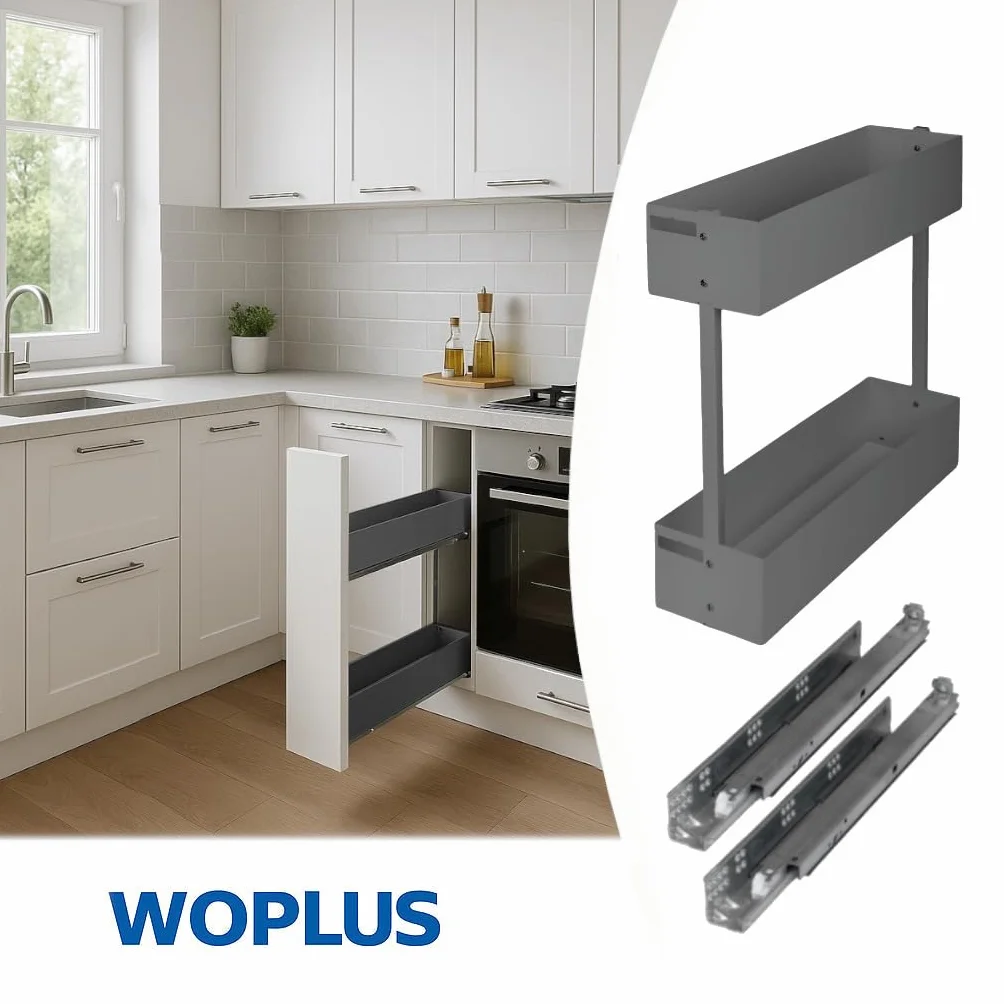 Wysuwana półka pod szafkę, 2 poziomy, 25-60 cm, antracyt – Softclose, prowadnica pod szafkę kuchenną z pełnym wysuwem (meble 250 mm)