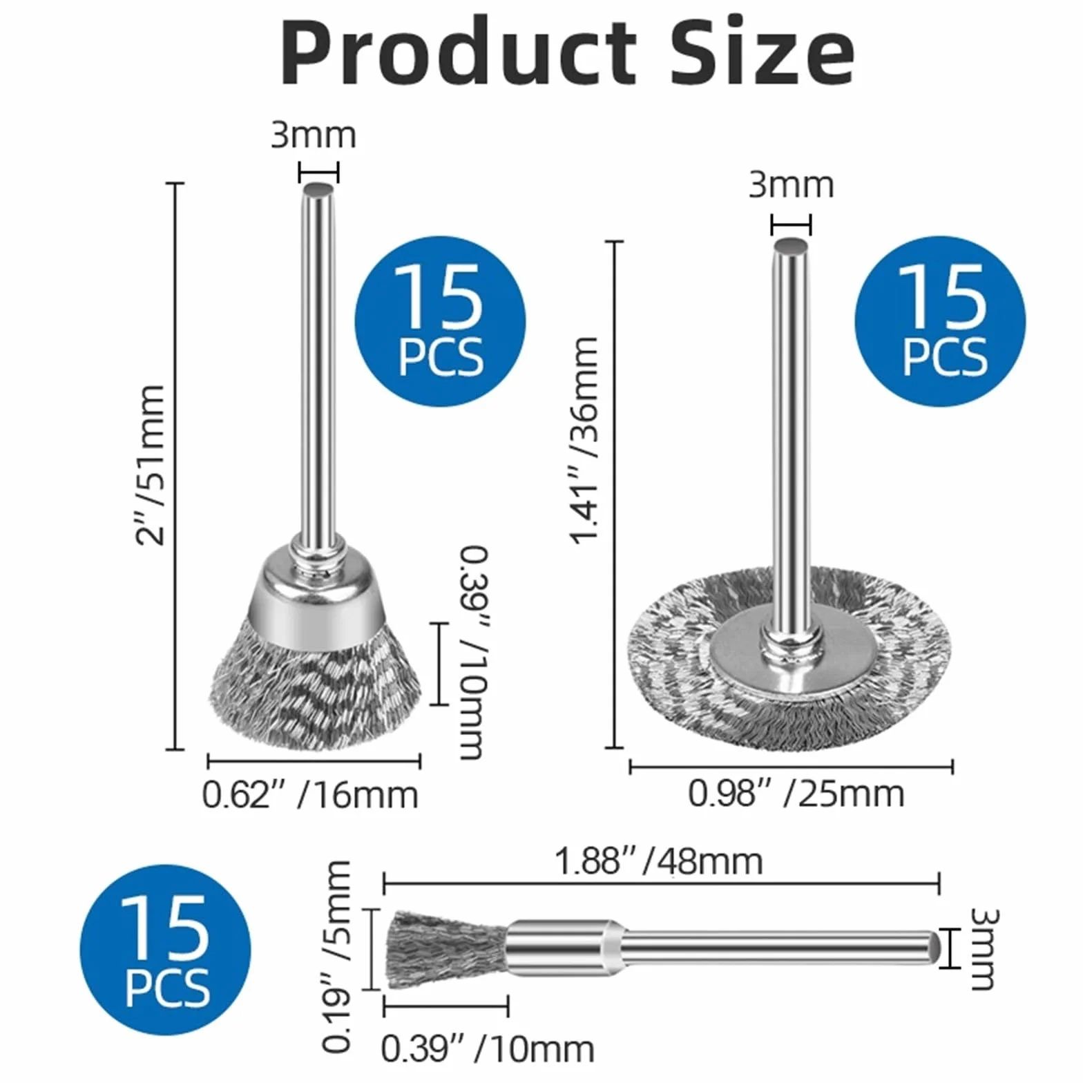 Szczotki metalowe, tarcze miseczkowe, Ścierne koło szczotki kubkowej 10/45 szt. Drut mosiężny/stalowy Trzpień 3 mm do polerowania obrotowego(45pcs Steel Brush)