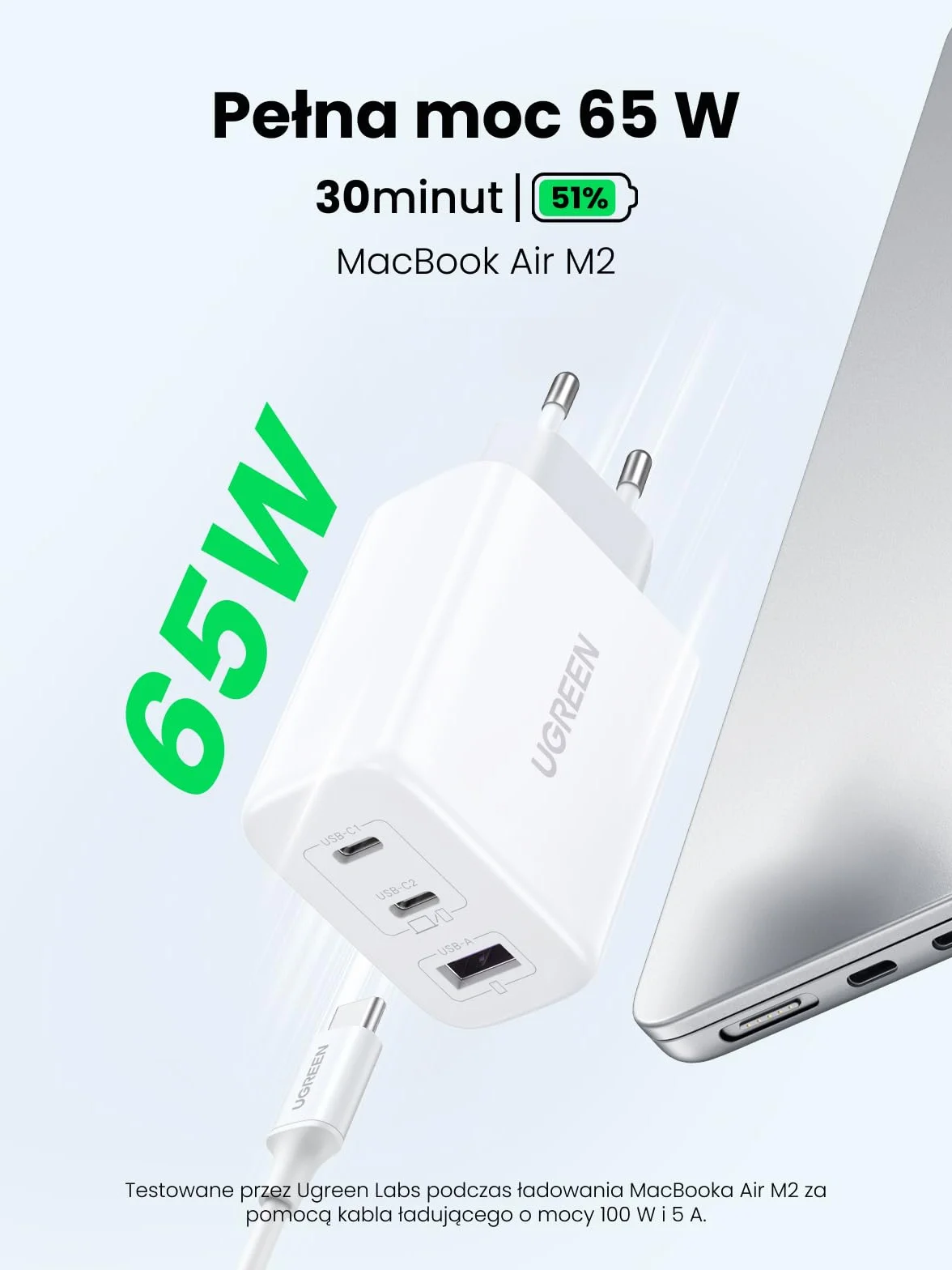 UGREEN 65W 3-portowa szybka ładowarka USB C kompatybilna z MacBook Pro, iPhone, Galaxy S23 Ultra, S22, S21 (Biały)