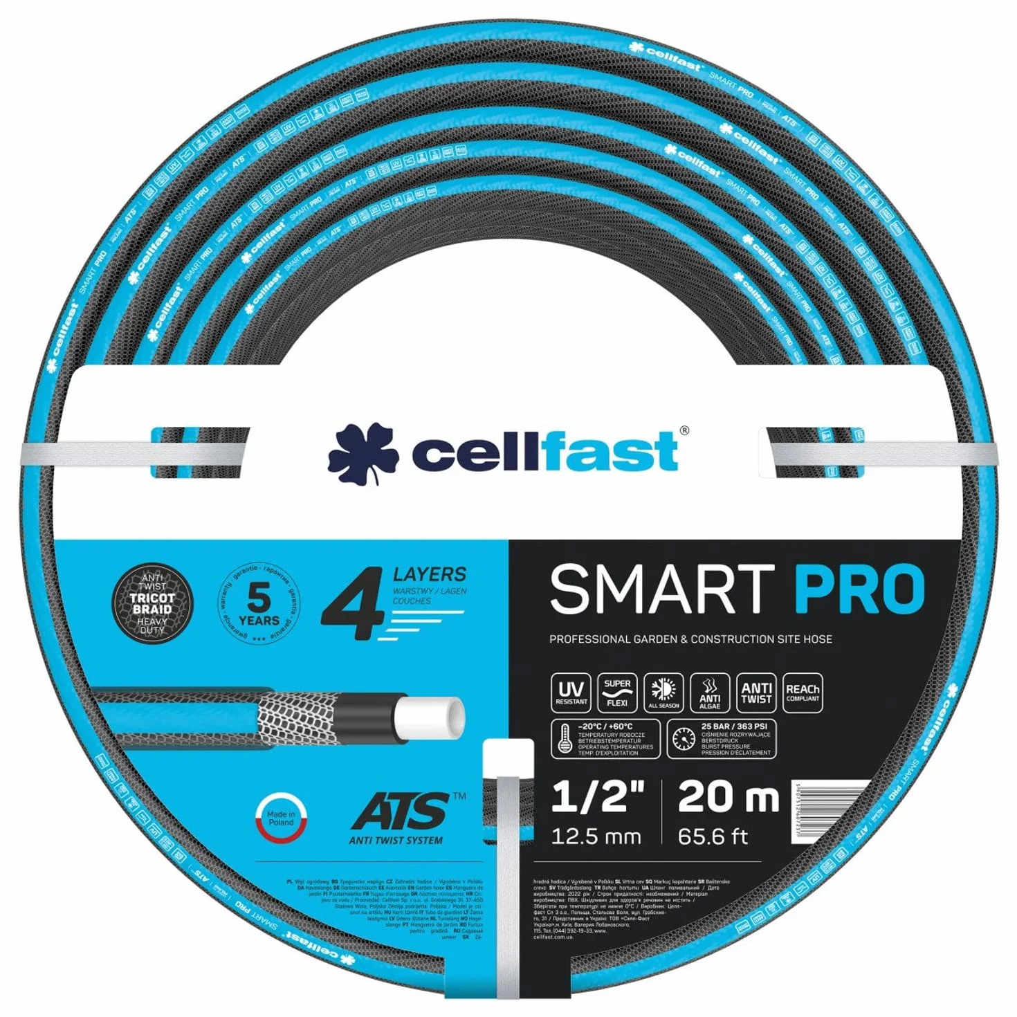 Cellfast Wąż Ogrodowy Smart Pro ATS - 4-Warstwowy - Wytrzymały - 1/2" 20 m - Nawadnianie Ogrodu