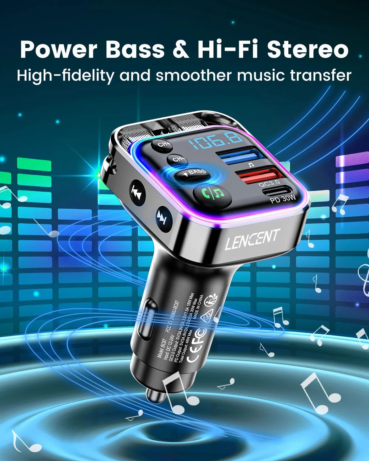Lencent Bluetooth 5.3 nadajnik FM 48 W szybka ładowarka PD30W QC18W dźwięk Hi-Fi