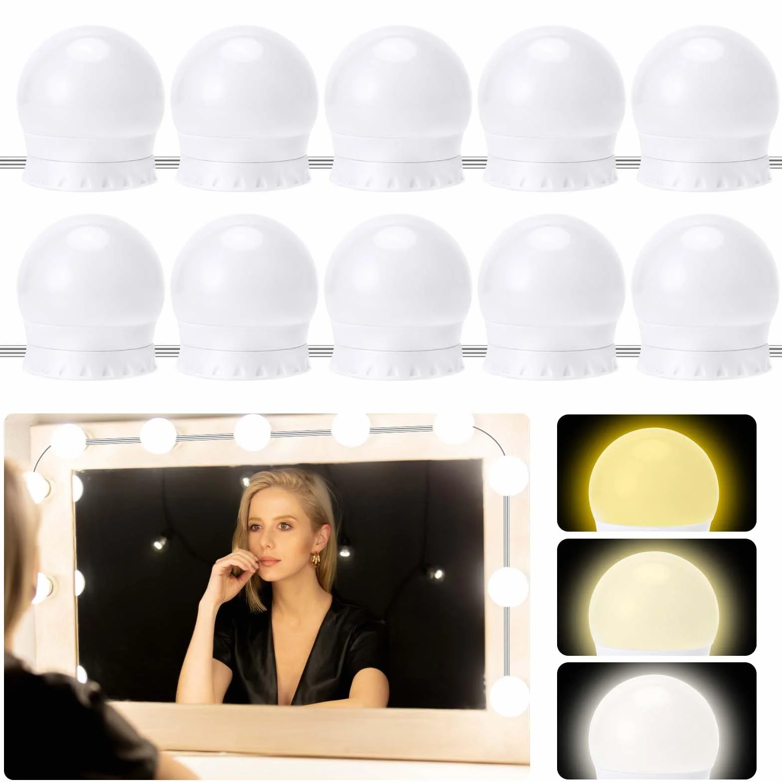 Auauraintt 10 x ściemnialne oświetlenie lustra LED Hollywood | 3 regulowane kolory, lampa toaletowa, lampa do makijażu, odpowiednia do lustra makijażu, garderoby, łazienki