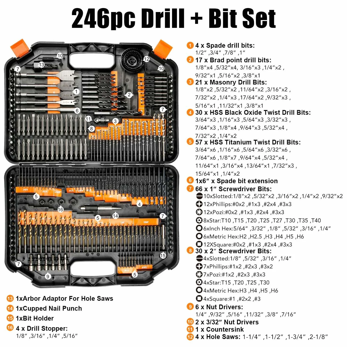 EnerTwist Drill Bit Set, 246-Pieces Drill Bits and Driver Set for Wood Metal Cement Drilling and Screw Driving, Full Combo Kit Assorted in Plastic Carrying Case, ET-DBA-246