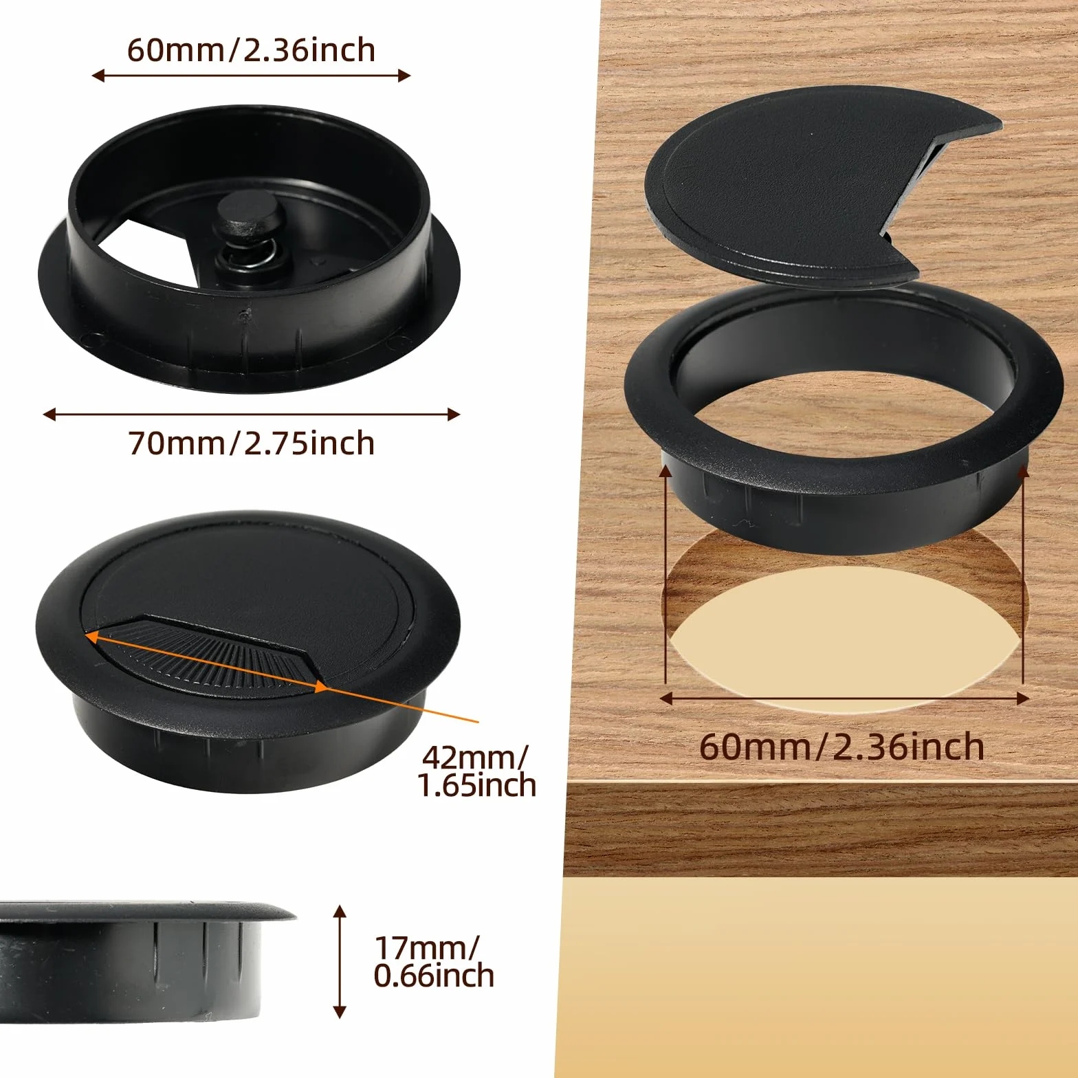 10 szt. przelotka na biurko 60 mm z otwornicą 60 mm, przelotka kablowa na biurko, osłona otworu kablowego, przelotka kablowa, osłona otworu na biurko, przelotki biurowe (czarne)