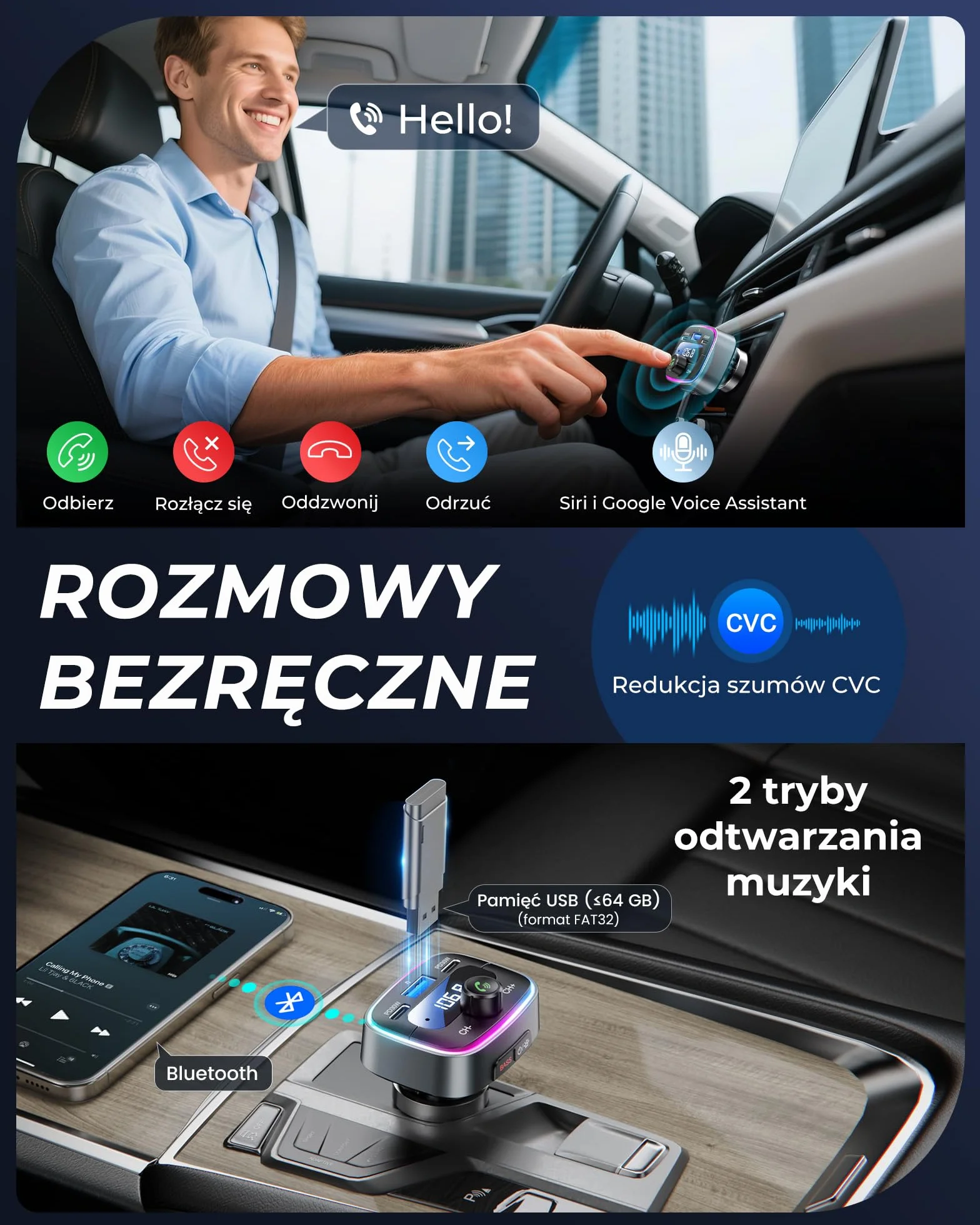 LENCENT Nadajnik FM Bluetooth 5.4 60 W Szybkie Ładowanie 2 USB-C PD 30 W Hi-Fi Głęboki Bas LED