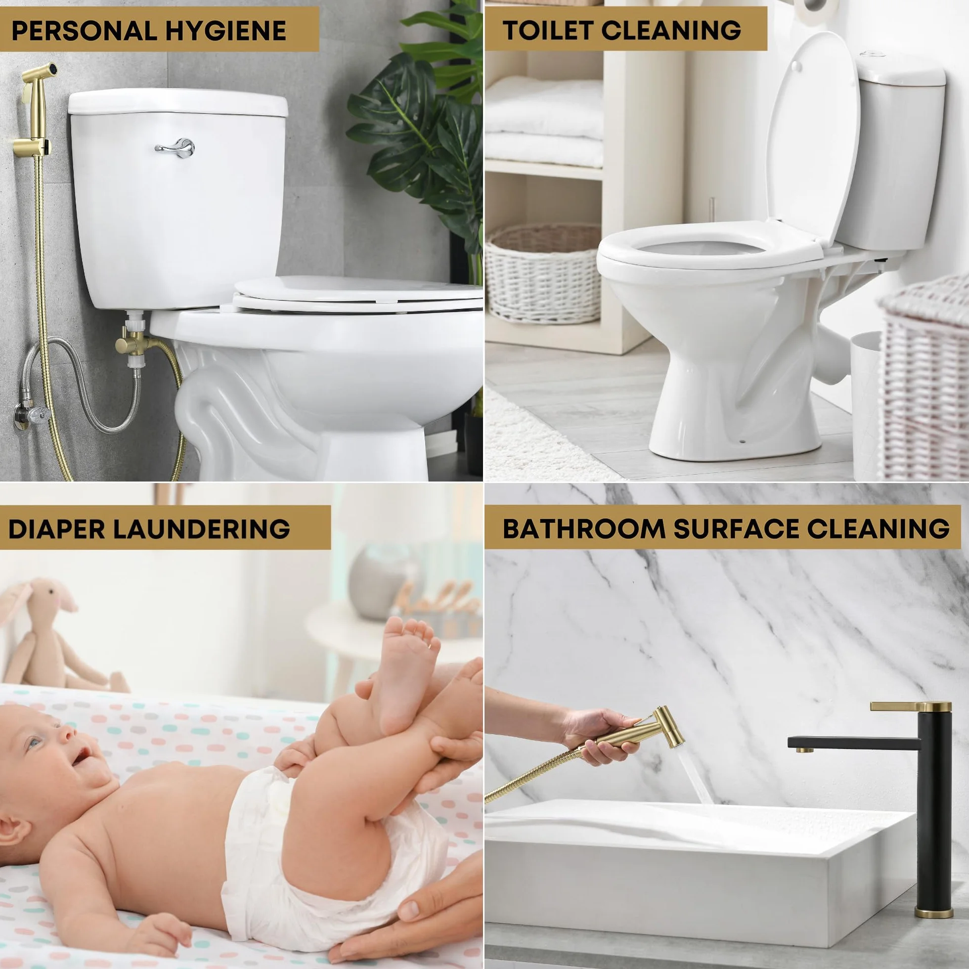 Purrfectzone Bidet Sprayer for Toilet, Handheld Bidet Sprayer Kit, Easy-to-Install Toilet Handheld Shower, Hand Held Stainless Steel Shattaf with Adjustable Flow, Cloth Diaper Set-Brushed Gold