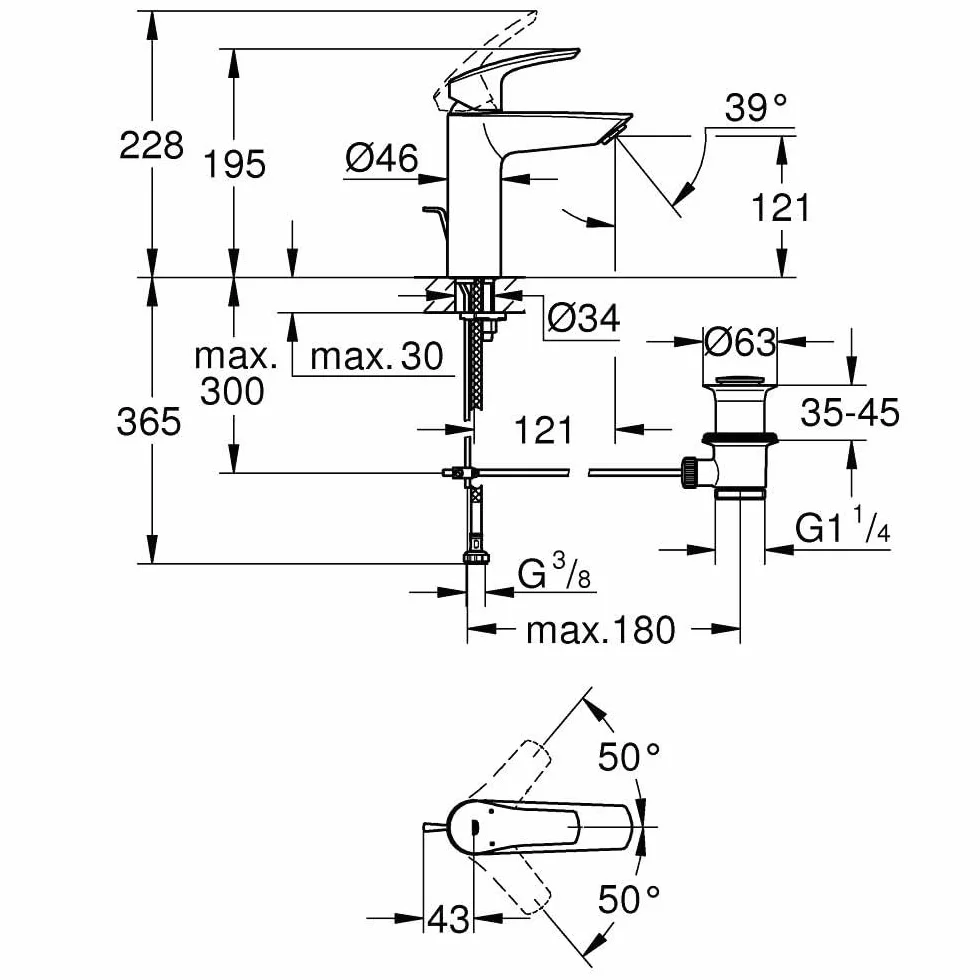 GROHE Eurosmart DN 15 MSize WT Jednouchwytowa bateria z przewodem przepływu 1 1/4"
