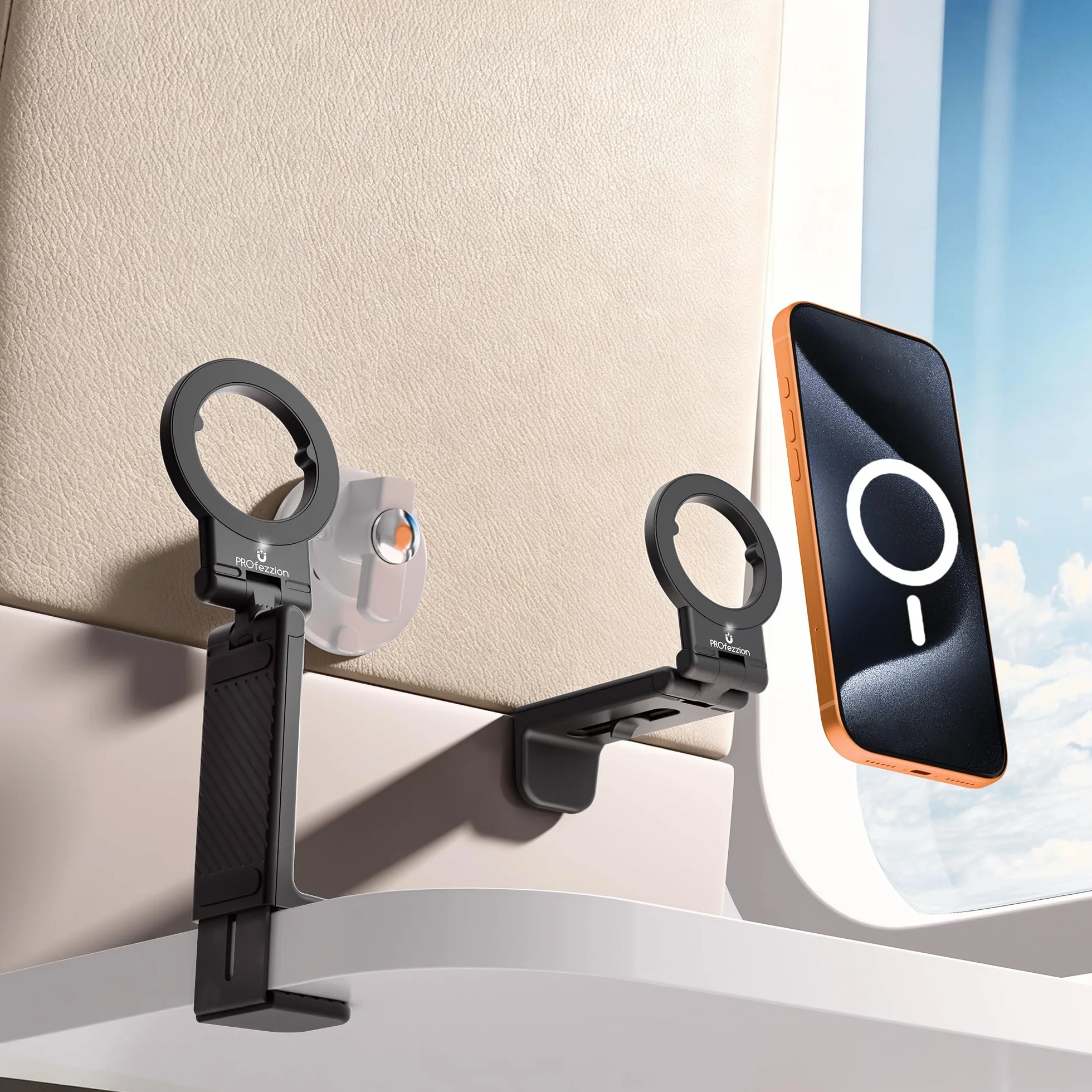 PROfezzion Podróżny Uchwyt na Telefon Magnetic Flight Phone Mount Magnetyczny obracany o 360° do iPhone'a 15 14 13 12 Serii Lub Nowszych i bezpieczny bez Magnesów, Nadaje się do Samolotu, Pociągu
