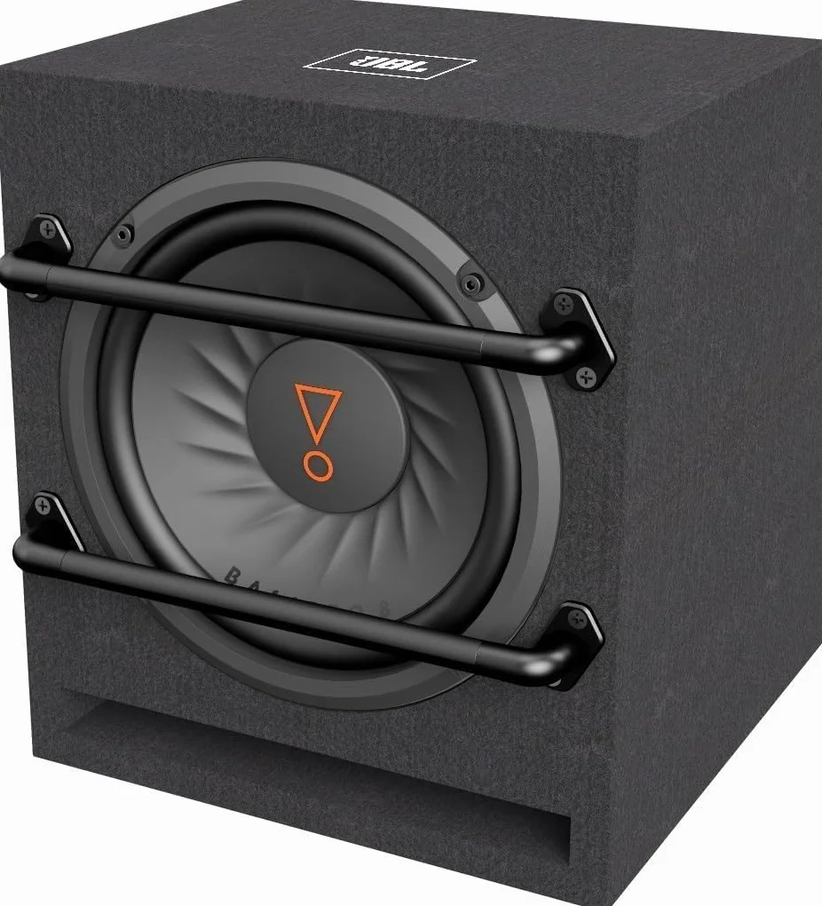 JBL BassPro 8 aktywnych subwooferów 8 cali (200 mm), 100 W RMS / 240 W szczyt, wbudowany wzmacniacz, bass reflex, wejścia RCA i wysoki poziom, wzmocnienie basów, pilot, kompaktowy i mocny