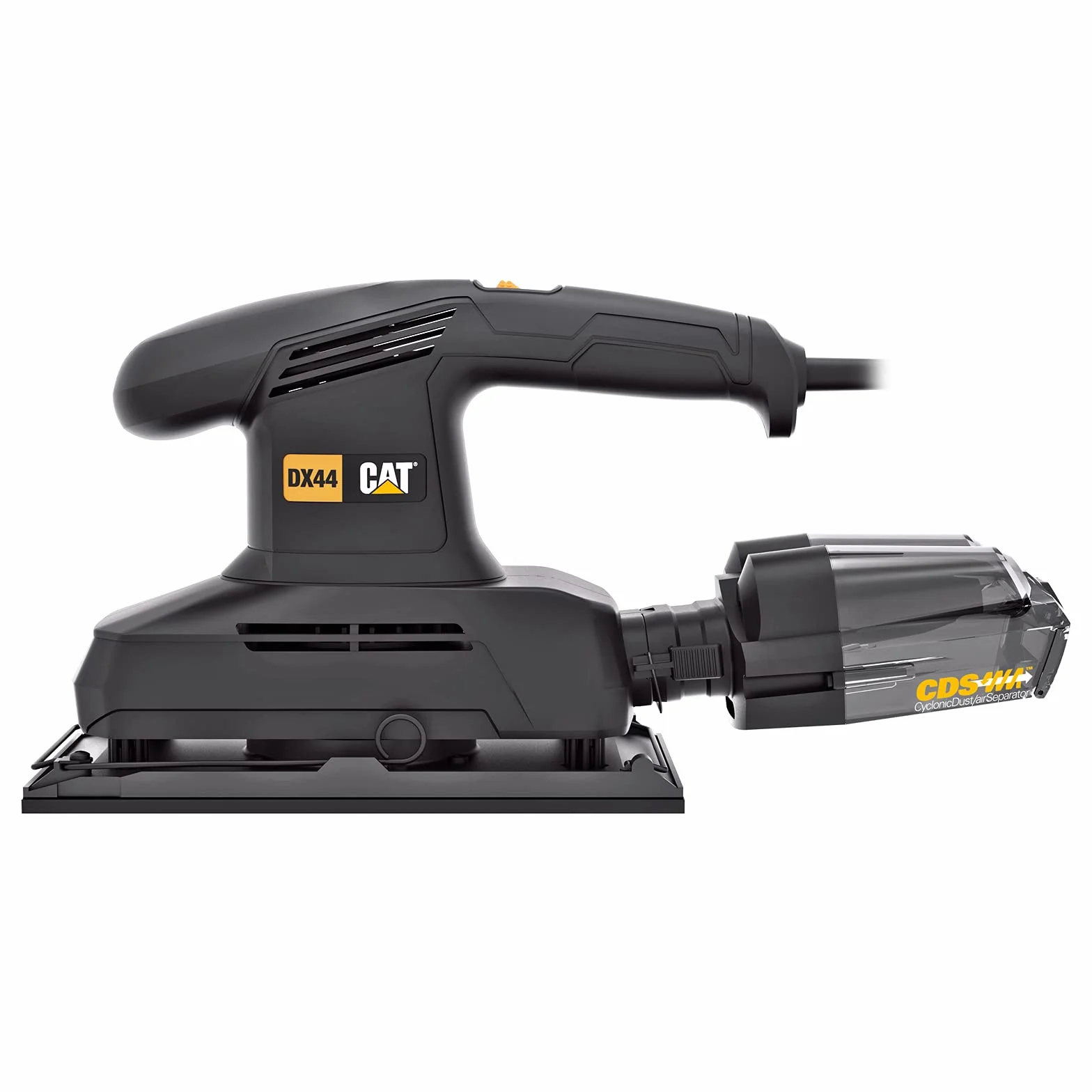CAT DX44 szlifierka oscylacyjna 350 W, powierzchnia szlifowania 113 x 230 mm, 6000 – 11000 obr./min, obwód oscylacyjny 2,4 mm, (w zestawie pudełko na kurz cyklonowy, adapter, papier ścierny i