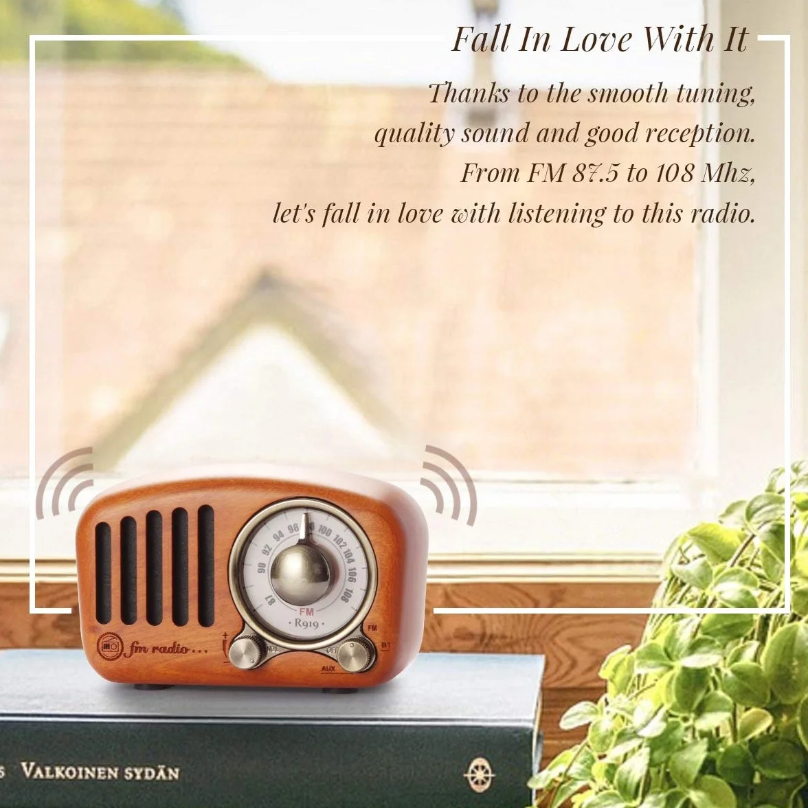 Małe przenośne radio, drewniane radios FM z głośnikiem Bluetooth w stylu retro, tranzystorowe radio z możliwością ładowania, z kartą SD MP3, obsługuje funkcję AUX, firmy PRUNUS J-919.