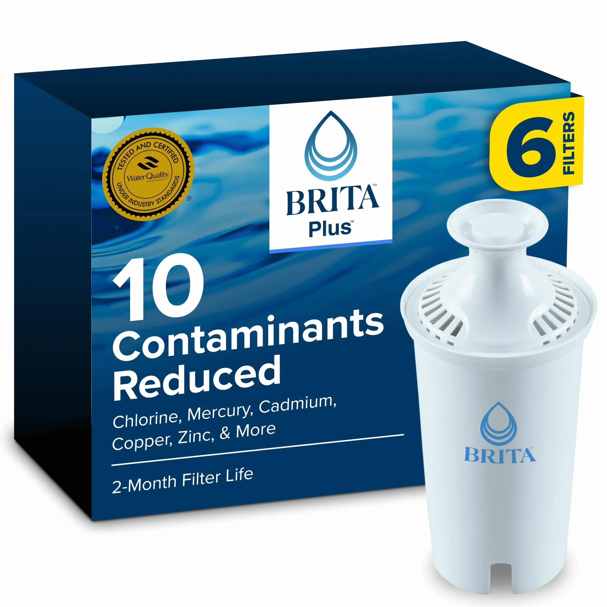 Brita Plus filtr do wody, bez BPA, wymienny filtr o wysokiej gęstości do dzbanków i dozowników, redukuje 2 x zanieczyszczenia*, wytrzymuje dwa miesiące lub 40 galonów, zawiera 6 filtrów