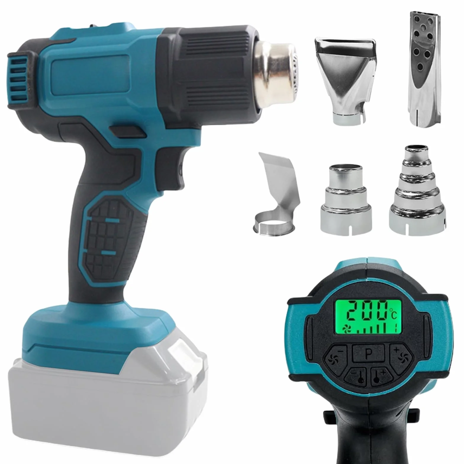 Akumulatorowy pistolet na gorące powietrze do 18 V, 50-550 °C, z wyświetlaczem LCD i 5 dyszami ze stali nierdzewnej, regulowana temperatura i kontrola powietrza, suszarka do termoobiegu, do
