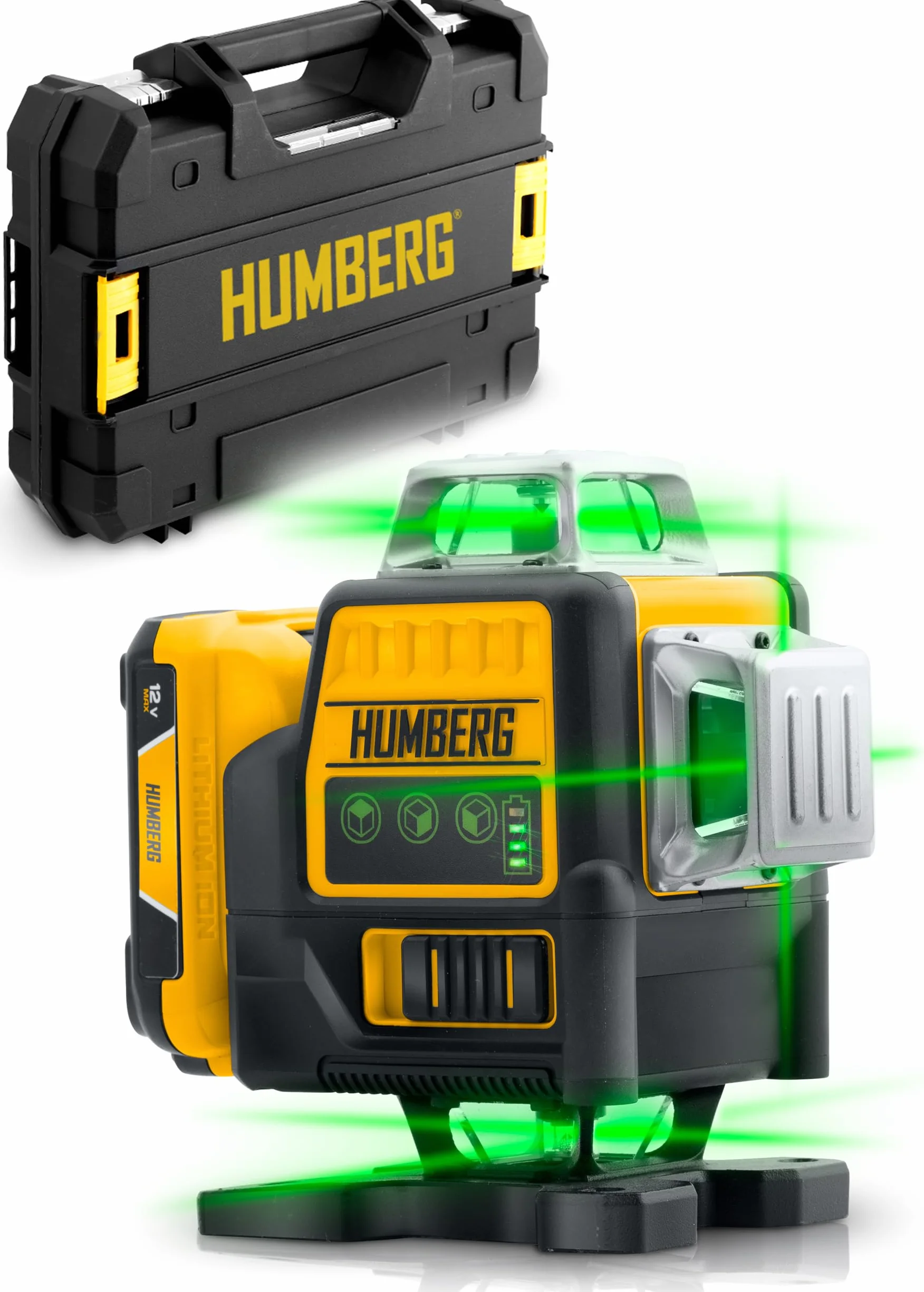 Humberg Zielony Laser Krzyżowy Samopoziomujący - ze Statywem i Walizką - Wodoodporny - 16 Linii - Zasięg 50 m - 2 Akumulatory