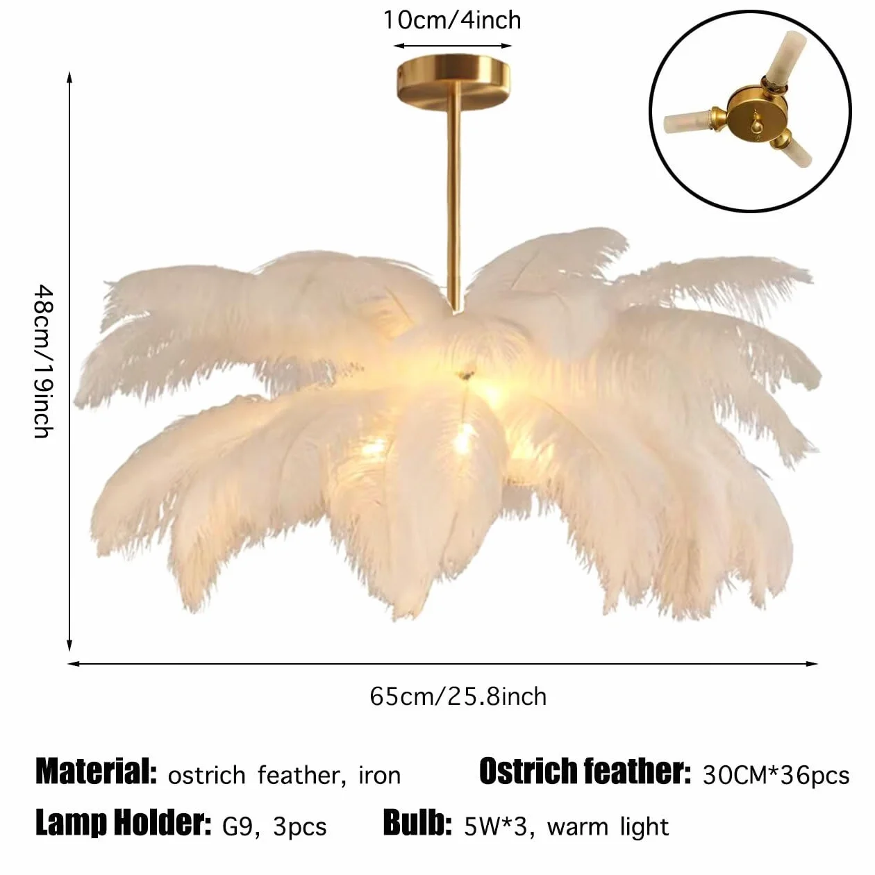 GUANSHANfeder Straußenfeder-Pendelleuchte und Deckenleuchte mit Kronleuchter und Lampa für Schlafzimmer, Wohnzimmer