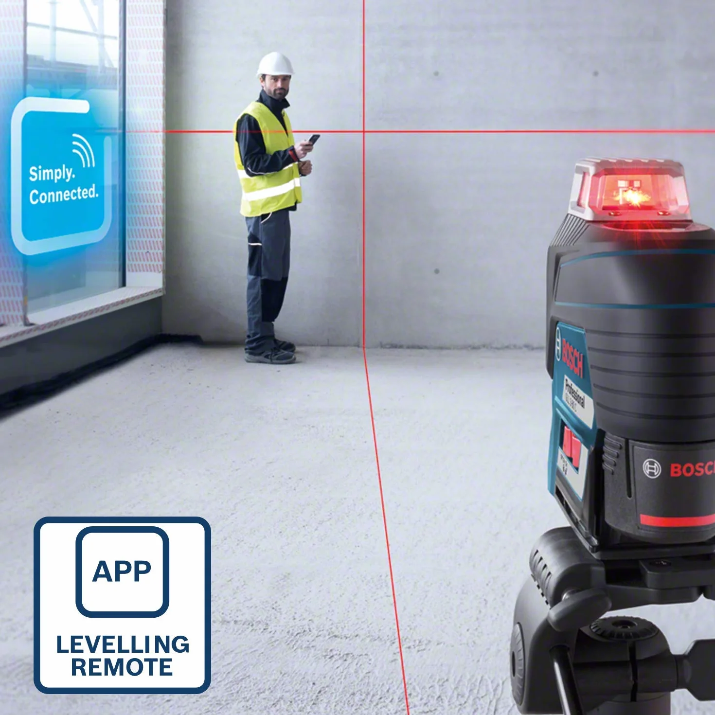 Bosch Professional system 12V: laser liniowy GLL 3-80 C (1 akumulator GBA 12V 2.0Ah, czerwona wiązka, współpraca z aplikacją, uchwyt, odbiornik, zasięg pracy: 30 m, walizka L-BOXX)