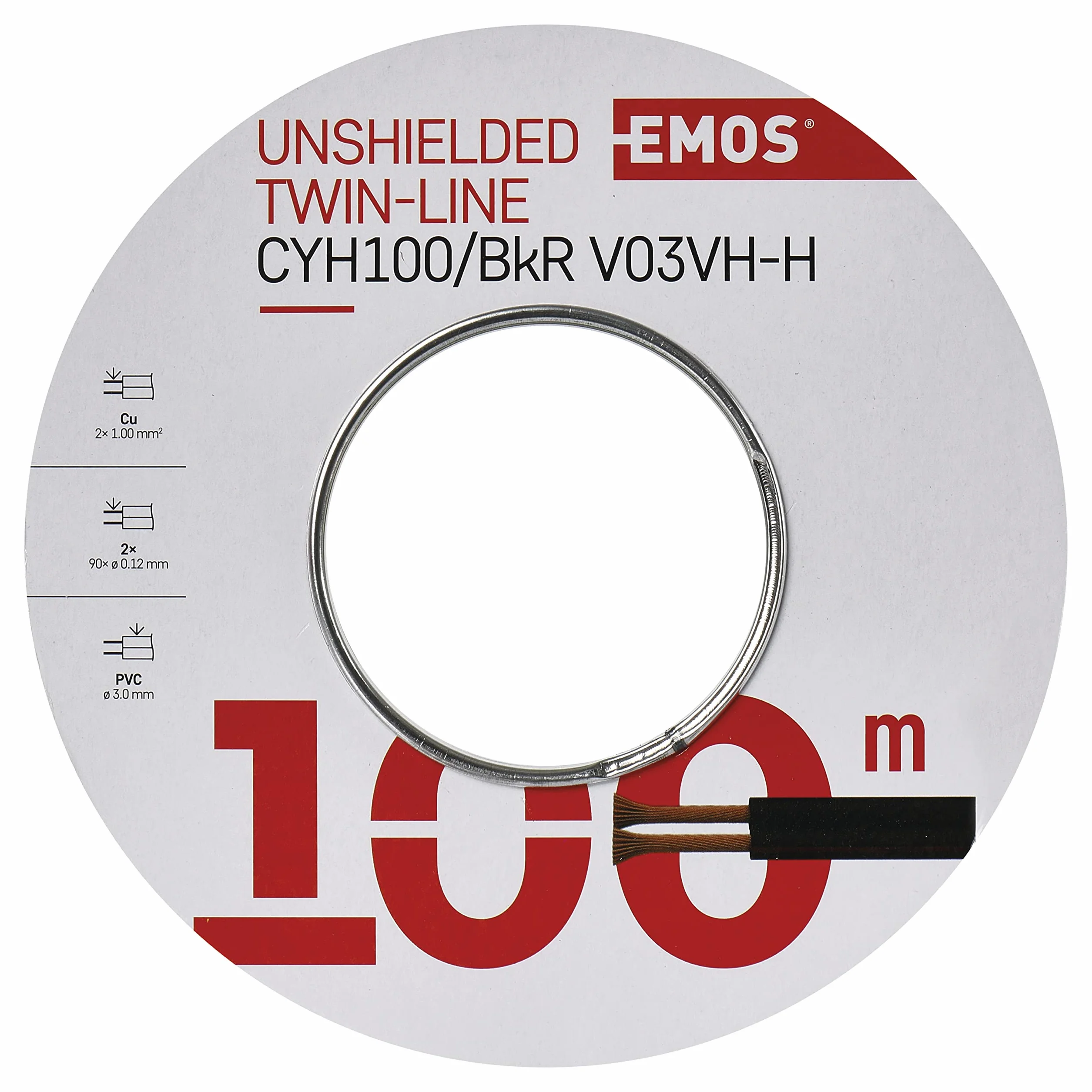 EMOS S8280 kabel miedziany 2 x 1,0 mm2, 100 m przewód dwuprzewodowy z czystej miedzi do niskiego napięcia, czarny z oznaczeniem biegunowości