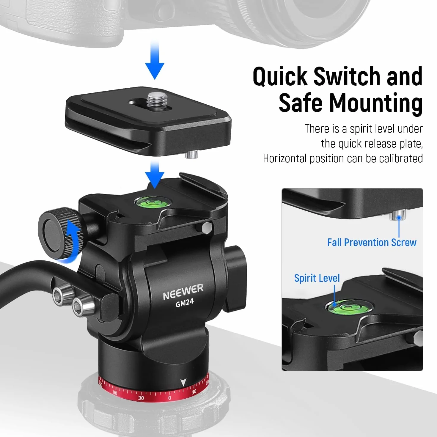 NEEWER Statyw z głowicą fluidową Pan Tilt Head z płytą do szybkiego montażu i uchwytem, metalowa głowica statywu kompatybilna z Arca Swiss do kompaktowych kamer wideo DSLR, obciążenie do 3 kg, GM24