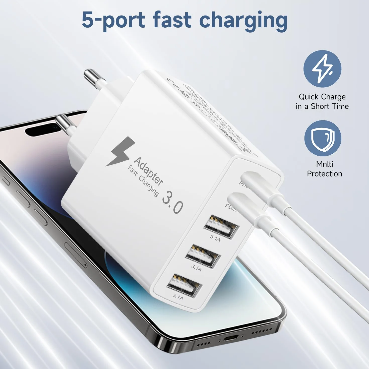 Ładowarka USB-C 50 W 5-portowa szybka ładowarka wieloportowa do iPhone Samsung Galaxy