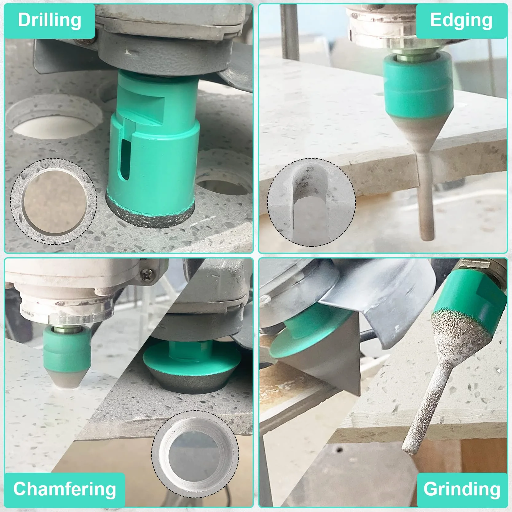 Zestaw diamentowej korony wiertniczej – 10 szt. (6/6/8/25/35/50/68 mm + frez do fazowania (6-25 mm) + 50 mm diamentowe frezy fazowe + adapter) LEKOMESH do porcelany ceramicznej, marmuru, granitu, kamienia, kwarcu