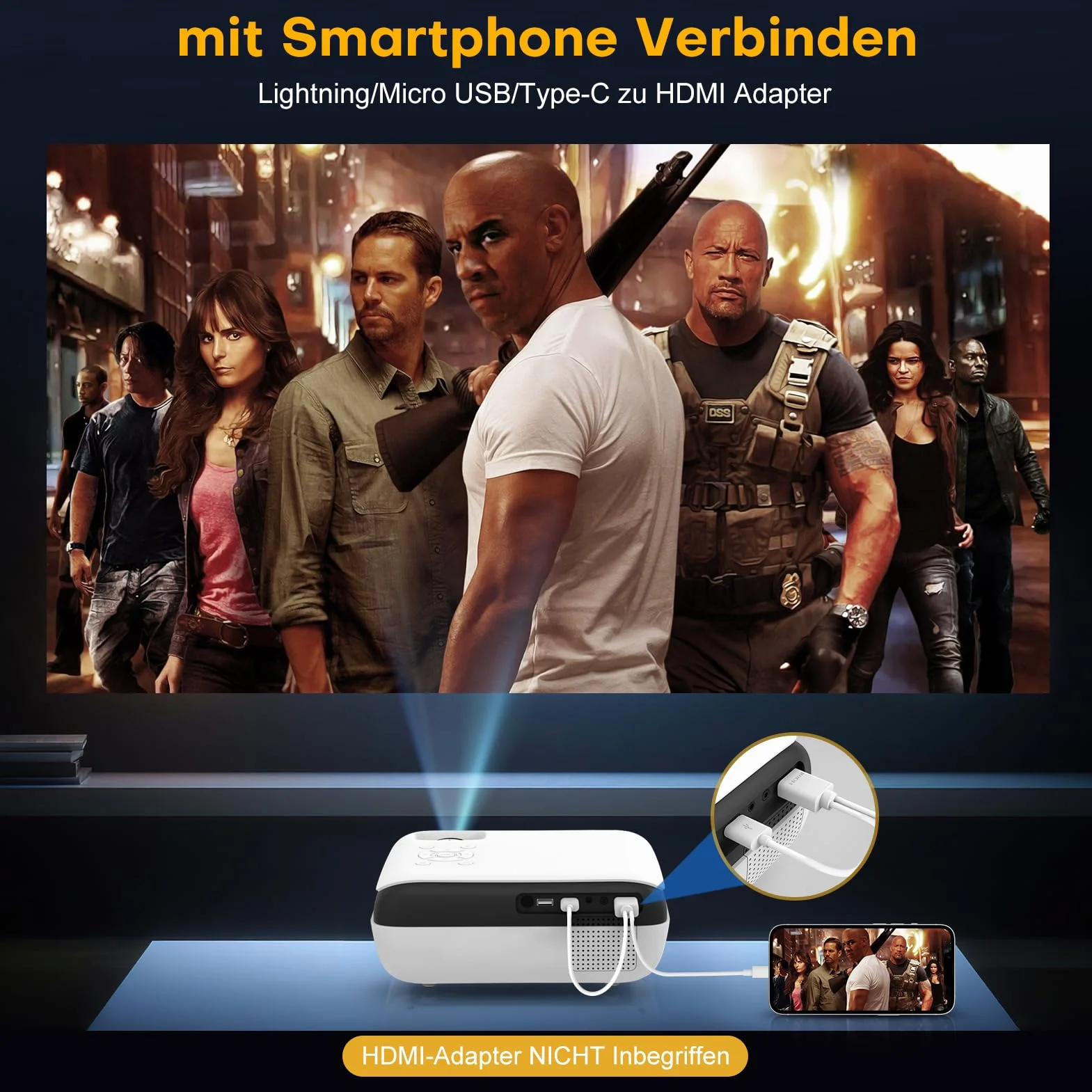 HOPVISION Projektor Full HD 1080P Bluetooth 4K Przenośny Mini Kino Domowe HDMI USB AV