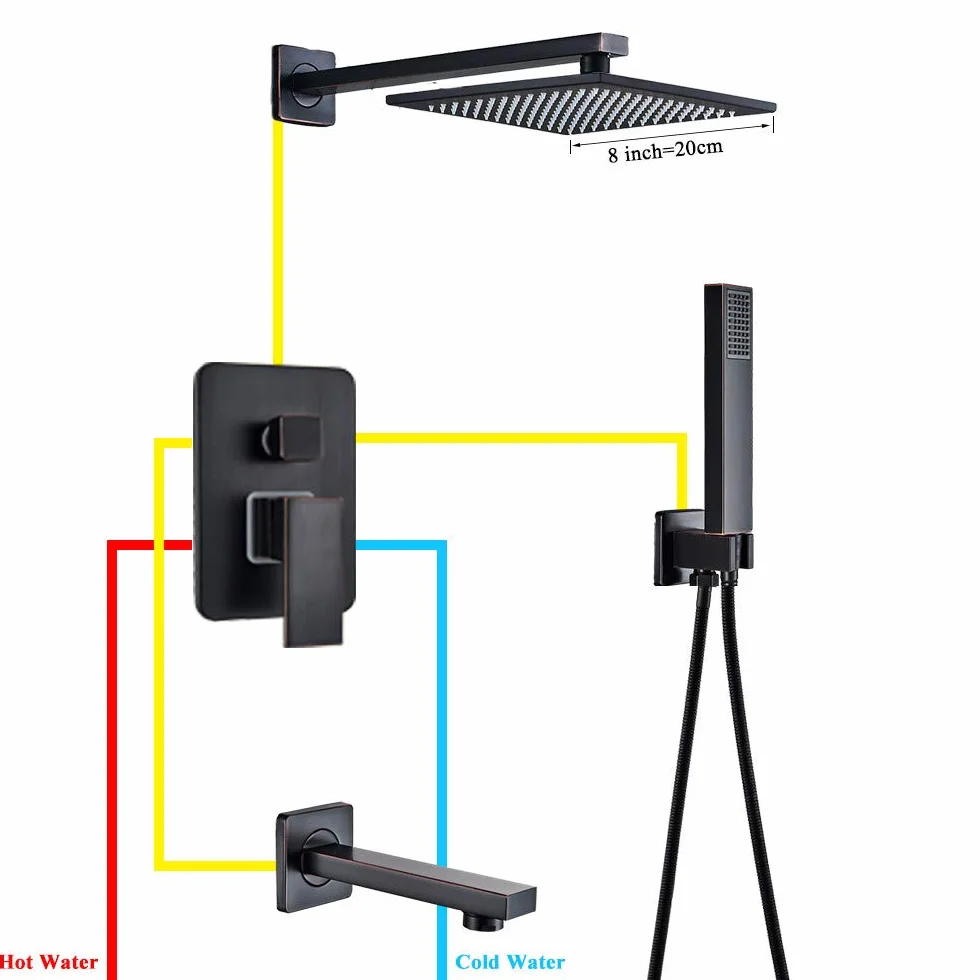 Bateria łazienkowa z deszczownicą w kolorze czarnym, brązowa, do wanny, montowana na ścianie, bateria prysznicowa, bateria natryskowa, zestaw prysznicowy 12 cali,8 Inch Shower Set