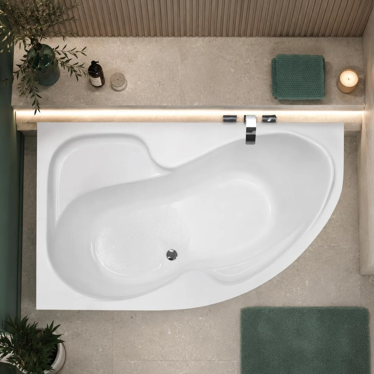 Wanna narożna ECOLAM® WELA 150x100 cm LEWA | Wanna wysokiej jakości, akrylowa, sanitarna, akrylowa + armatura odpływowa, automatyczny odpływ i przelew, silikonowe nóżki, antypoślizgowa, łatwa do czysz