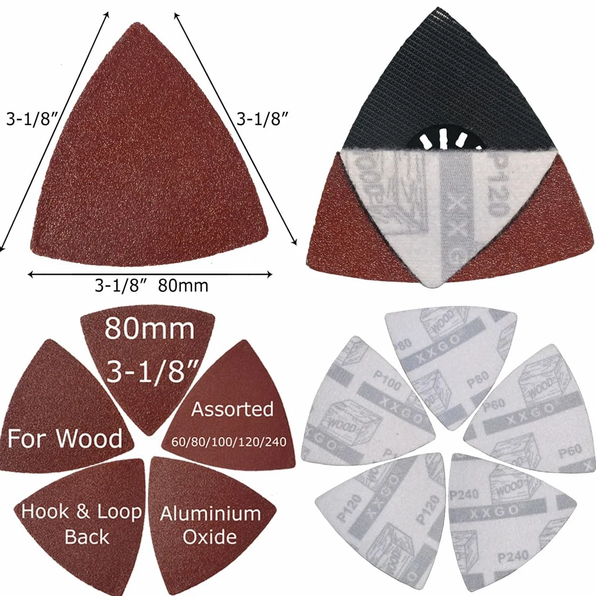 XXGO 55 szt. trójkąt 3-1/8 cala 80 mm 60/80/100/120/240 ziarnistości oscylujący wielofunkcyjny papier ścierny nr XG5501U