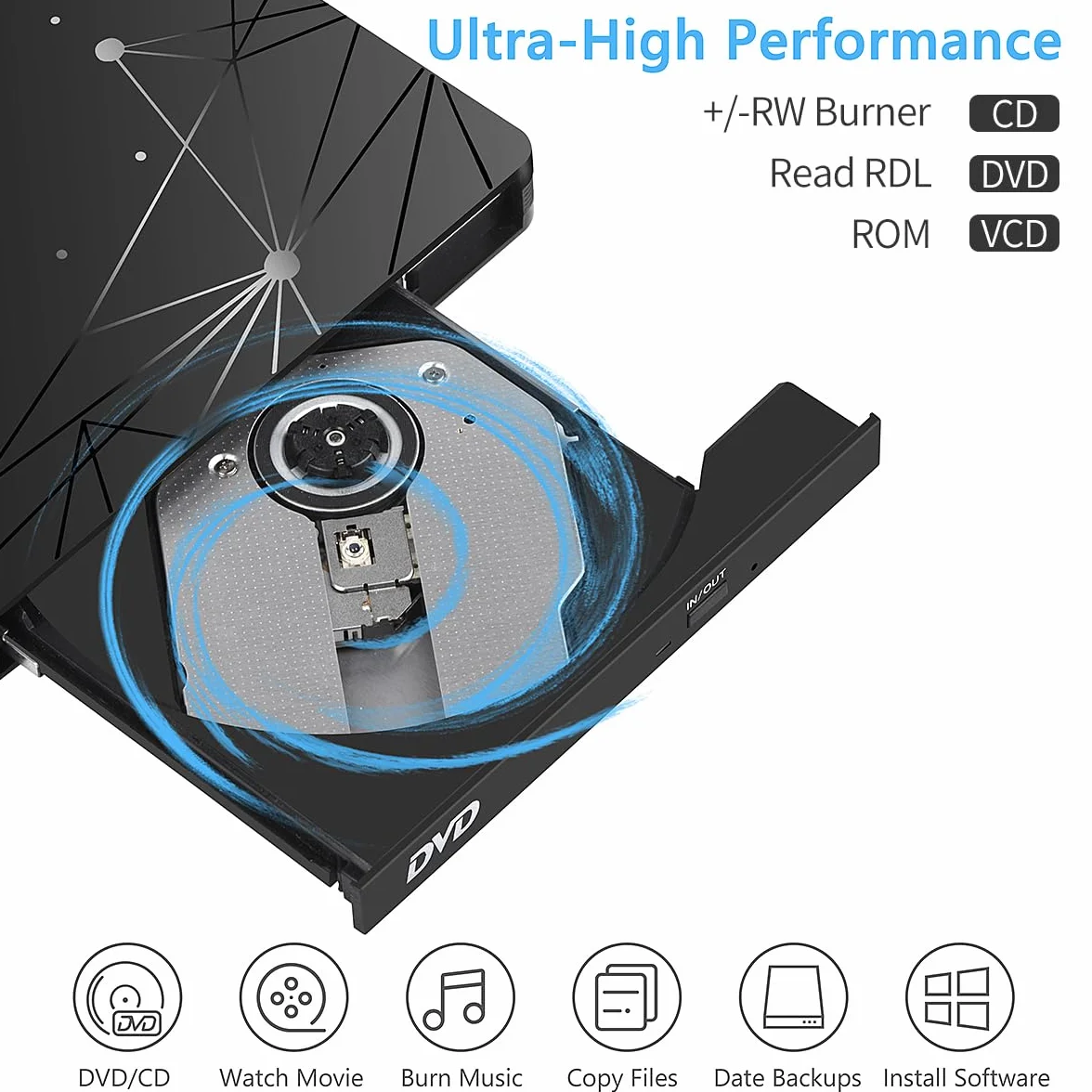 LMEN Zewnętrzny Napęd CD DVD USB3.0, Przenośny Czytnik Dysków CD DVD +/- R/RW z USB 3.0 i Type-C, Reader DVD Drive Slim Odtwarzacz CD USB do Laptopa/PC/Windows 11/10/8/7/Vista/XP/Mac OS/Linux, Czarna