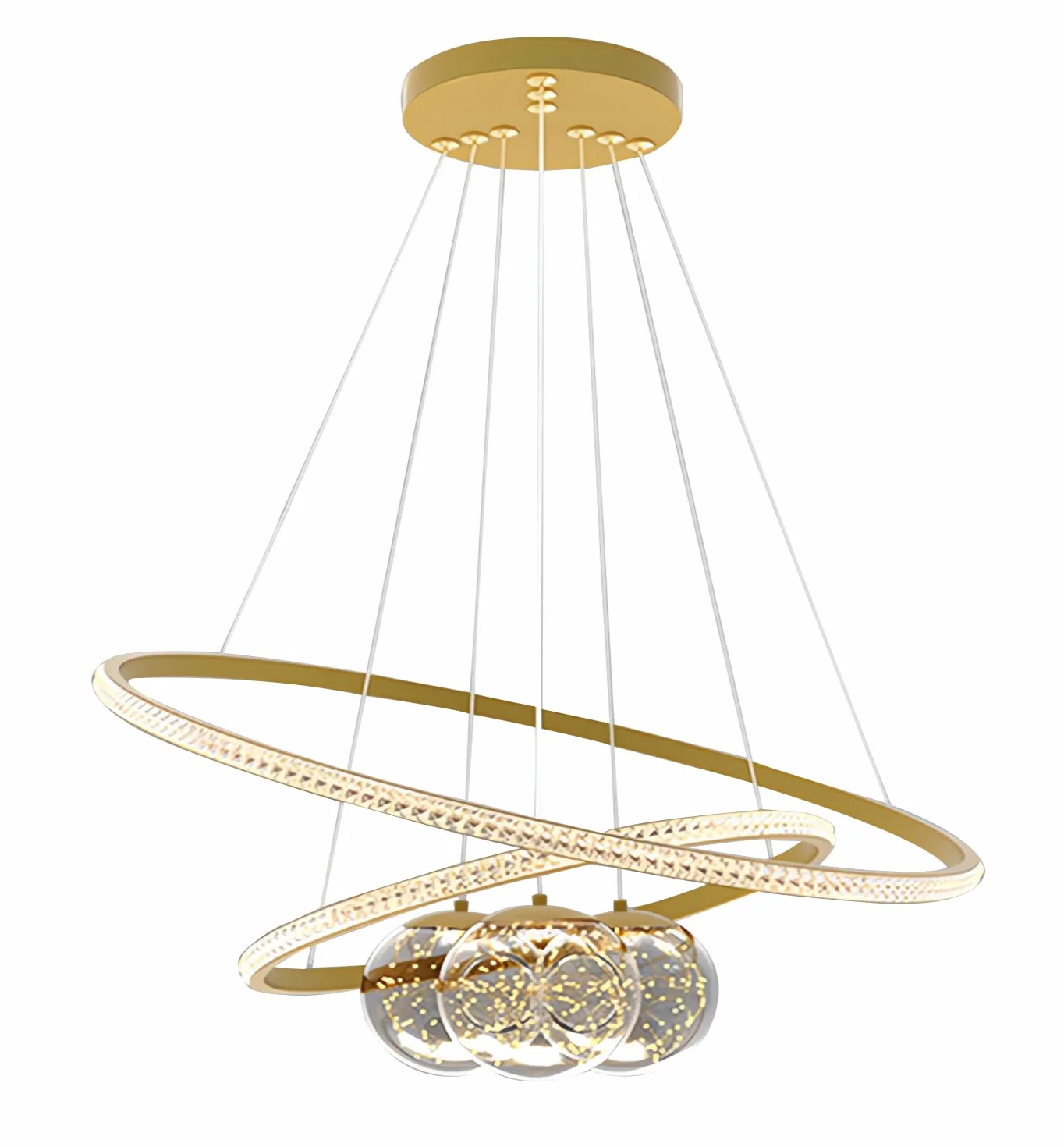 Metalowy żyrandol LED,3 okręgi 40+60+80 cm,lampa sufitowa z regulacją jasności 120 W,pilot zdalnego sterowania 3000-6500 K, lampa wisząca z akrylowym kloszem,oprawy oświetleniowe (Złoto, 60+80)