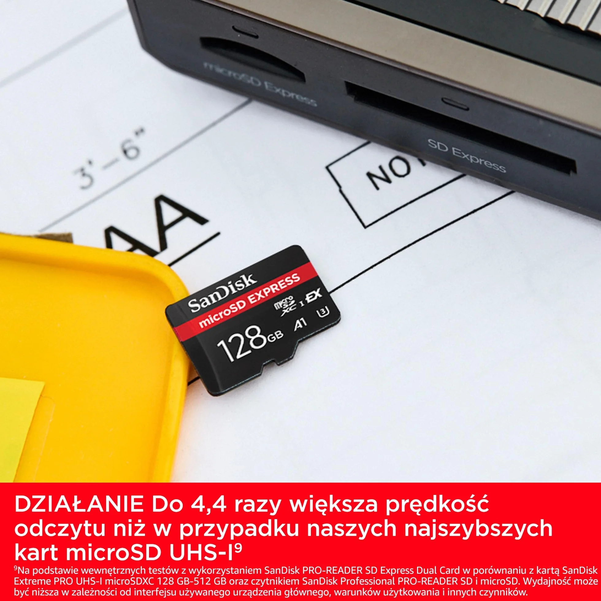 SanDisk MicroSD Express 128GB, karta mSD, prędkość odczytu do 880 MB/s, prędkość zapisu do 480 MB/s, stała prędkość zapisu 100 MB/s, technologia SanDisk QuickFlow, ThermAdapt, UHS-I, U3, C10