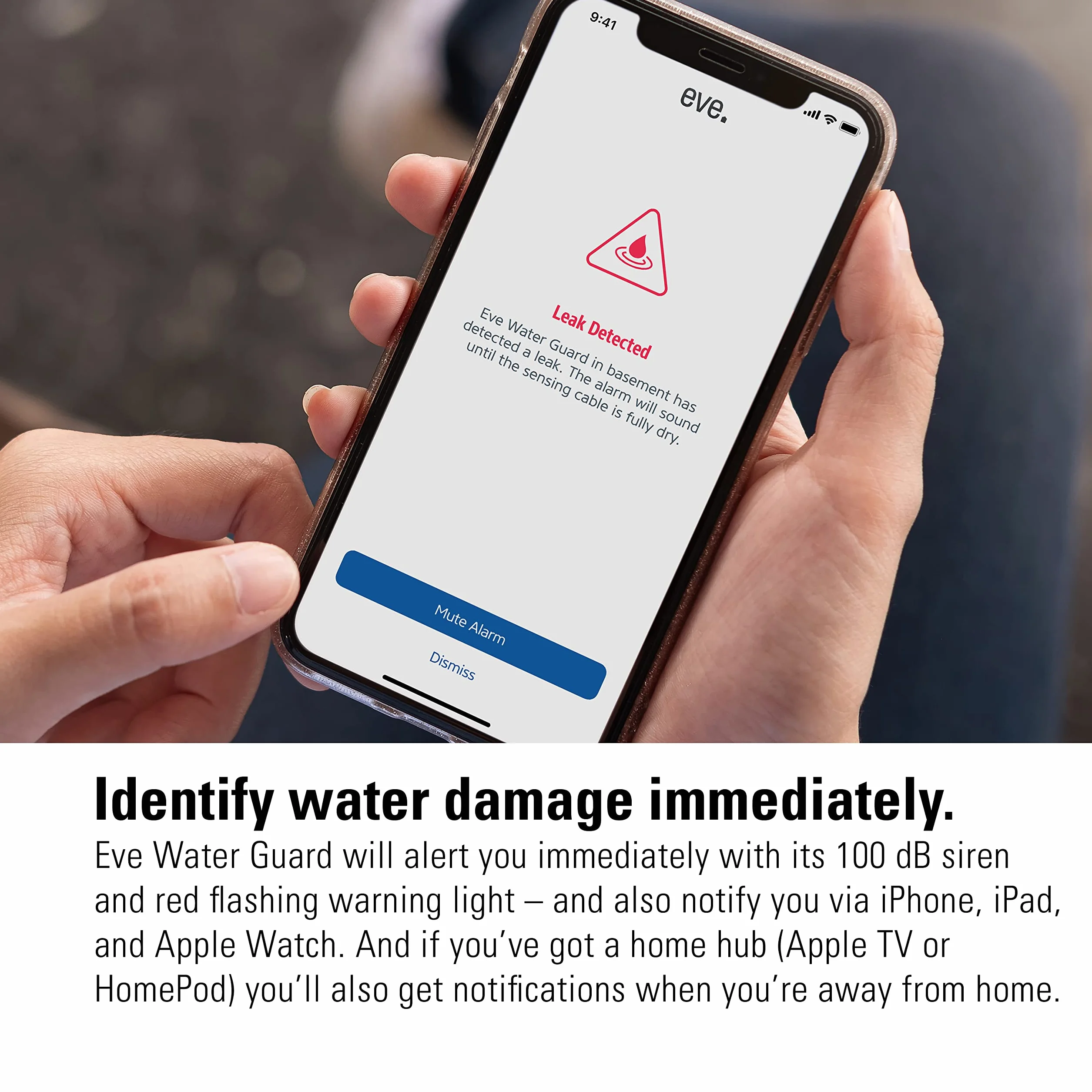 Eve Water Guard - inteligentny czujnik zalania, 2 m kabel, 100 dB alarm, iPhone, iPad, Apple Watch, Apple HomeKit, Bluetooth & Thread