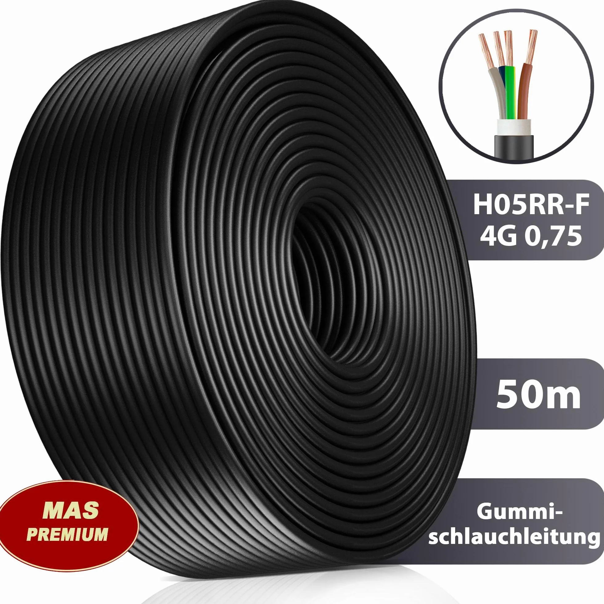MAS Premium Przewód gumowy od 5 do 100 m, kabel zasilający na plac budowy H05RR-F 4G 0,75 mm², elastyczny przewód do urządzeń ręcznych i lekkich urządzeń (50 m)