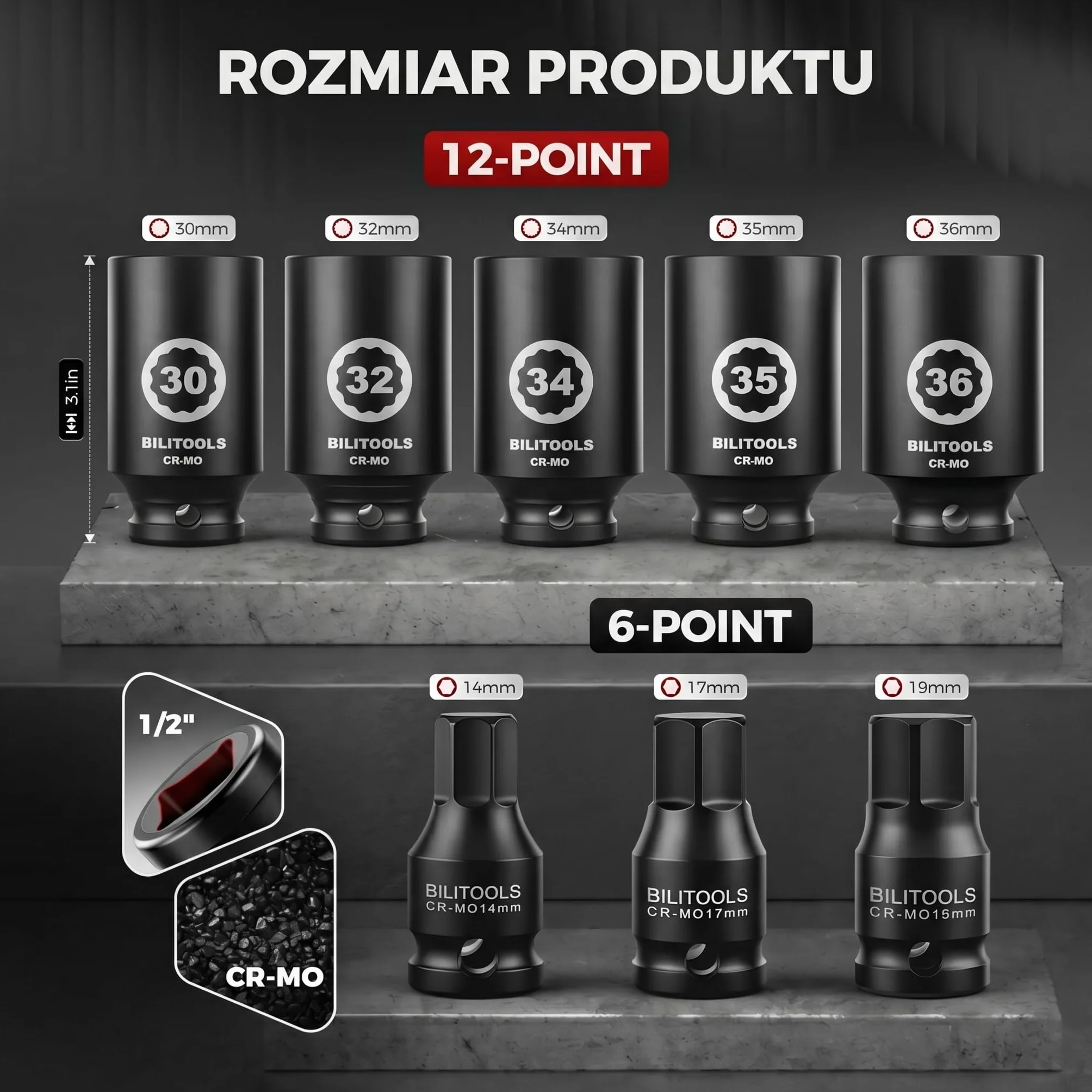 BILITOOLS Zestaw nasadek udarowych wrzeciona 1/2" | 12-punktowy | CR-MO | 14-17 - 19-30 - 32-34 - 35-36 mm