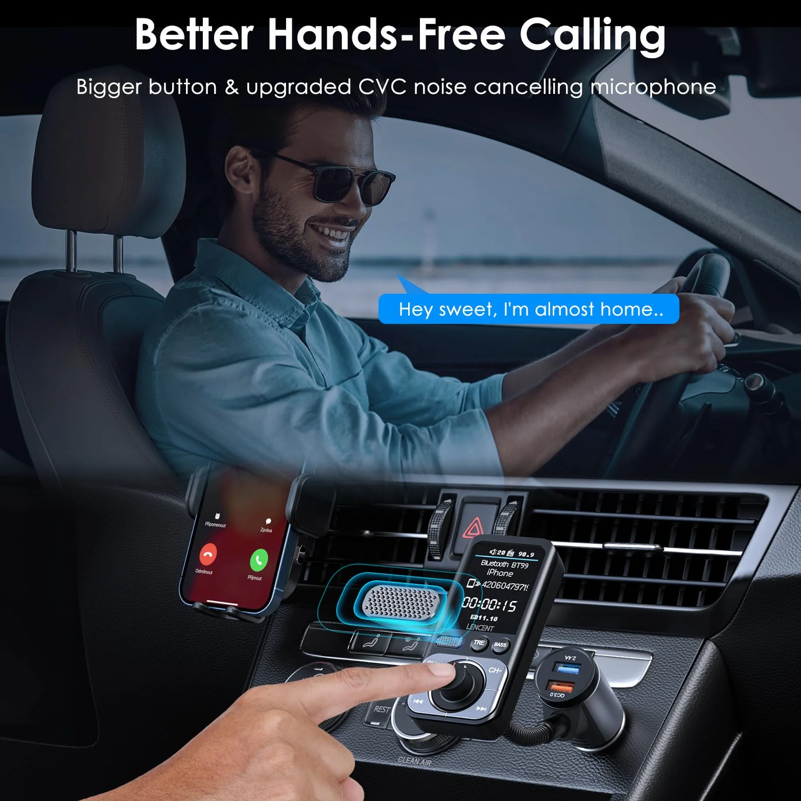 LENCENT 5.0 Samochodowy Nadajnik FM Bluetooth z Adapter AUX Bezprzewodowy QC3.0 USB-A Zestaw Głośnomówiący HiFi