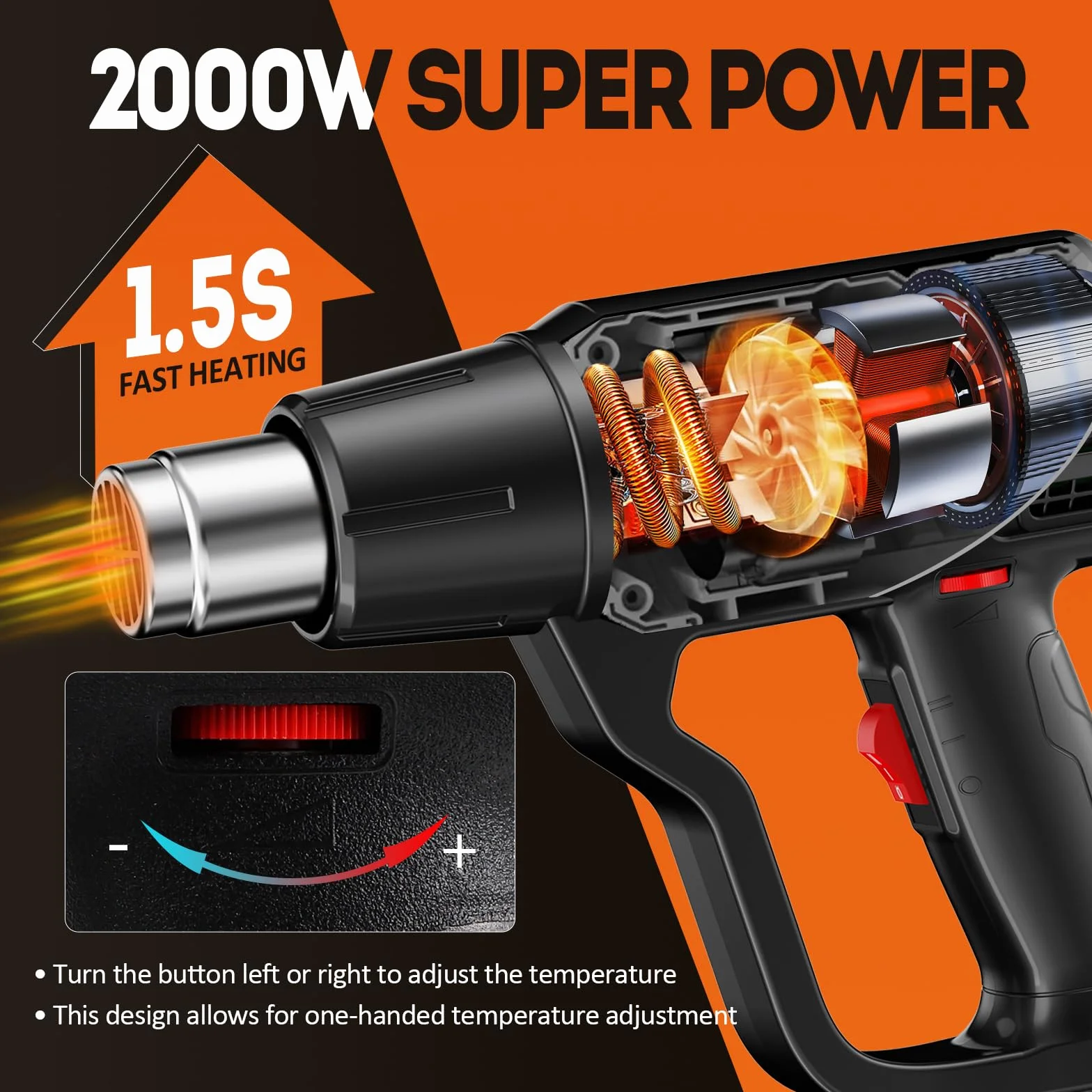 AIUNAOM Pistolet na gorące powietrze 2000W, 50℃-650℃, z bezstopniową regulacją temperatury i 2 ustawieniami przepływu powietrza. Idealny do ogrzewania, odmrażania i spawania