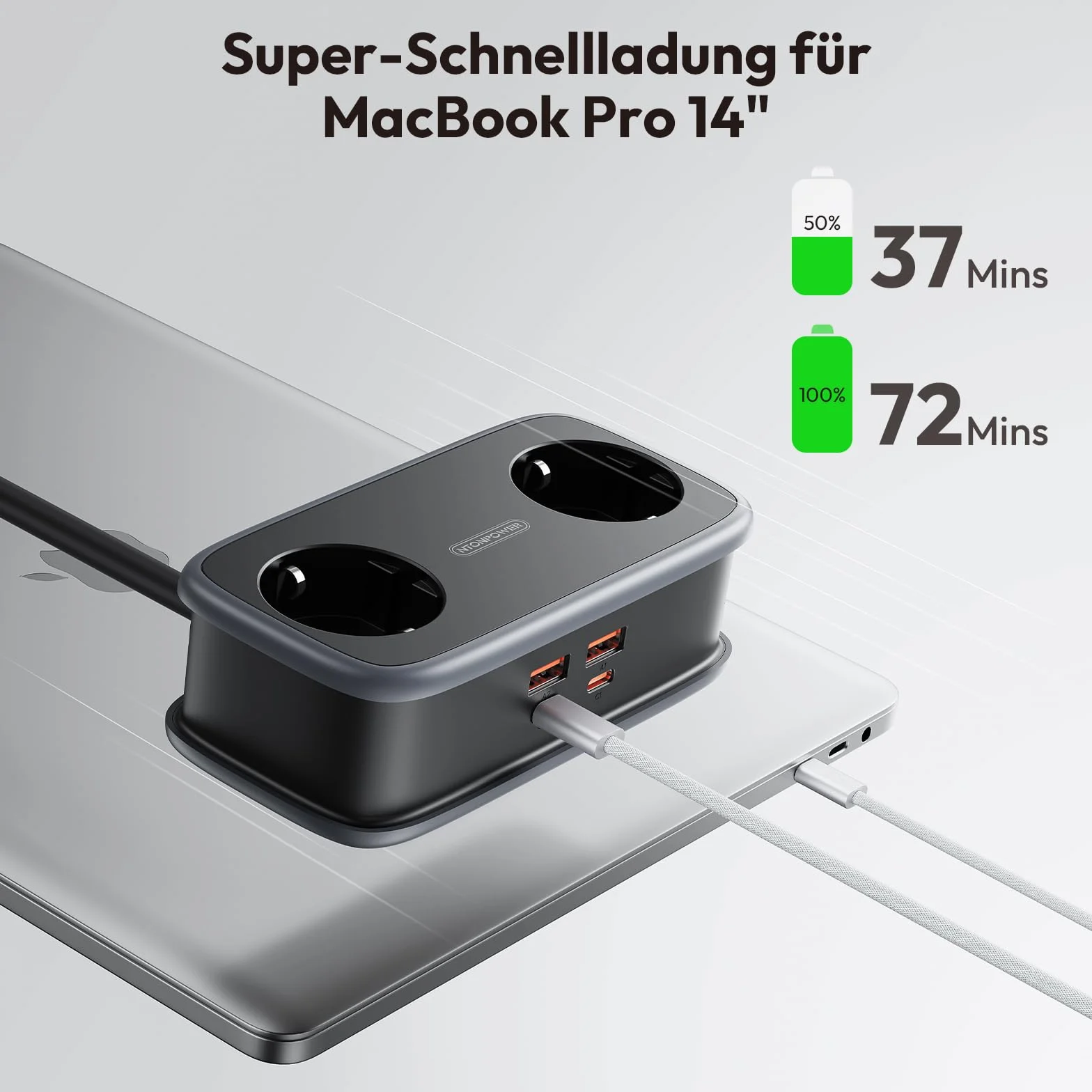 Listwa zasilająca NTONPOWER 2 gniazda USB-C 65W PD płaska wtyczka 2500W 1,5m czarna