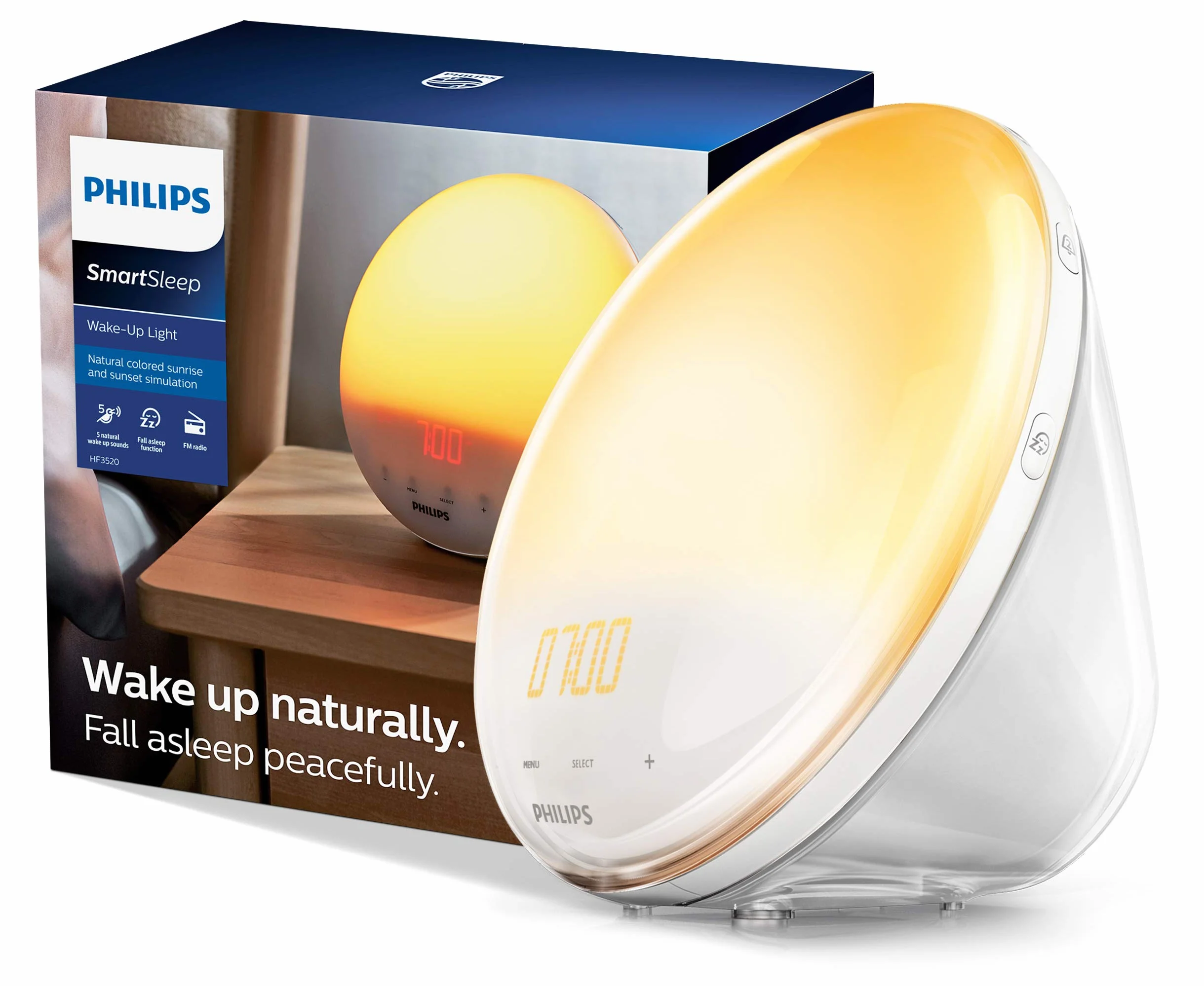 Philips SmartSleep Wake Up Light HF3531/01, symulacja wschodu słońca, 7 dźwięków, radio FM
