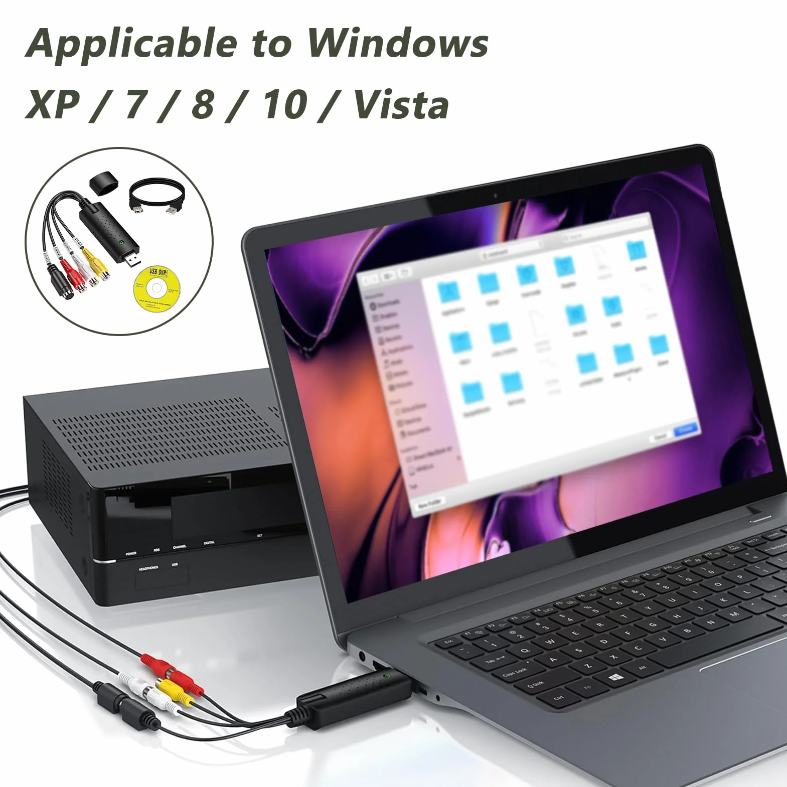 Konwerter VHS na cyfrowy, Grabber USB 2.0, Hi8 VHS na DVD Audio Video Capture Card z złączami RCA/S-Video, kompatybilny z Windows XP/7/8/10 i Mac do kasety wideo, PC, DVD