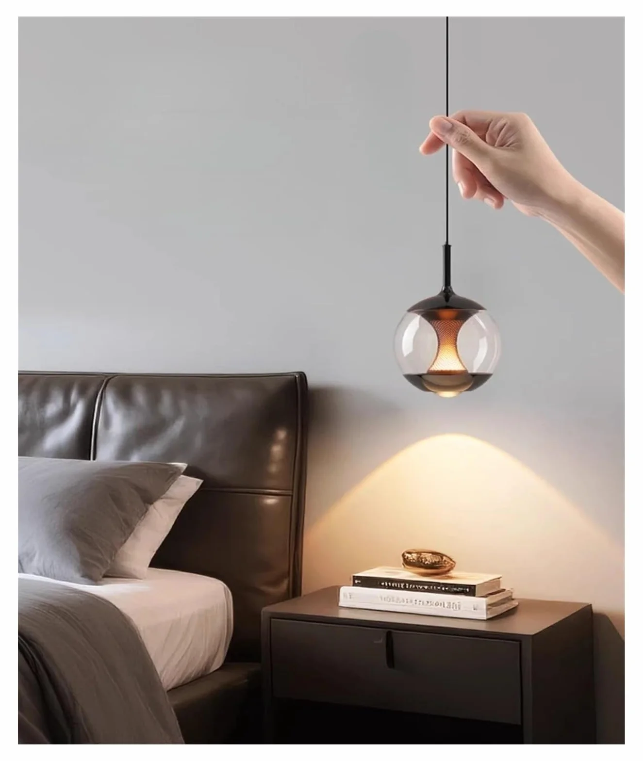 Lampa wisząca do sypialni, ze szklanym przewodem, regulowana i wisząca, idealna również jako lampa biurkowa do gabinetu, baru, blatu lub wyspy (podnoszona, z 3 trybami