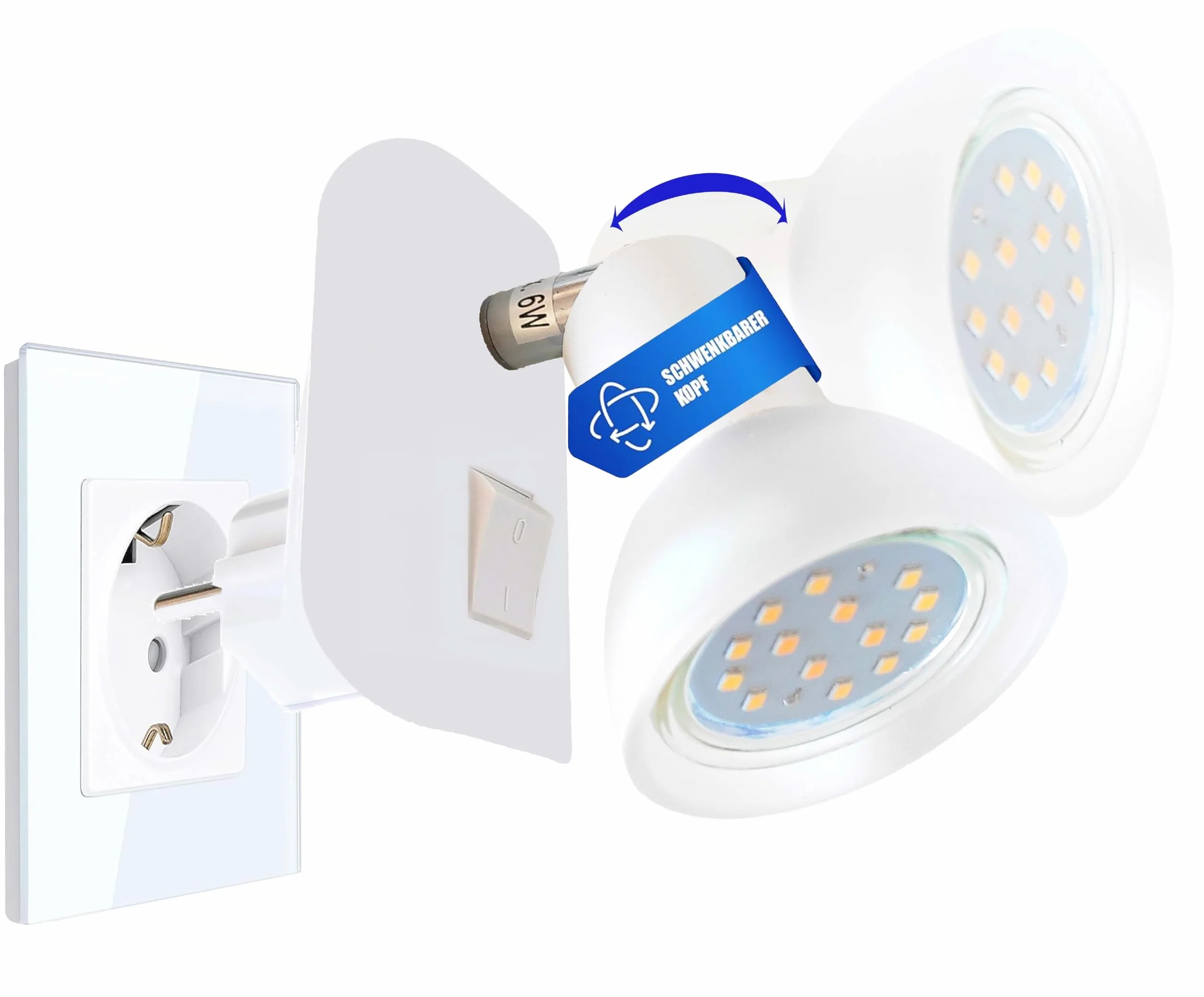Trango Lampa wtykowa LED 11-046 w kolorze białym ze szklanym kloszem, lampka nocna z wtyczką wraz z 1 x GU10 3000 K ciepła biel żarówka LED i przełącznik ON/OFF lampka do czytania, lampa ścienna,