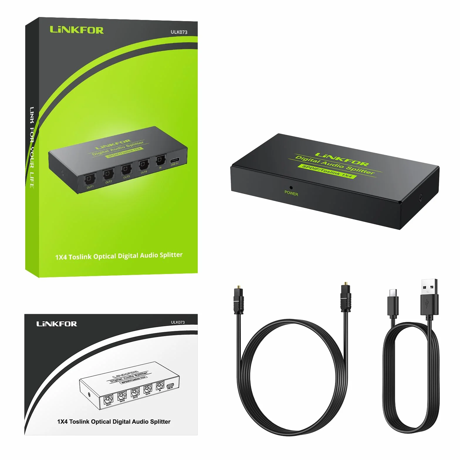 LiNKFOR Optyczny przełącznik audio 4x1 Toslink SPDIF światłowód cyfrowy rozdzielacz LPCM2.0 DTS Dolby-AC3