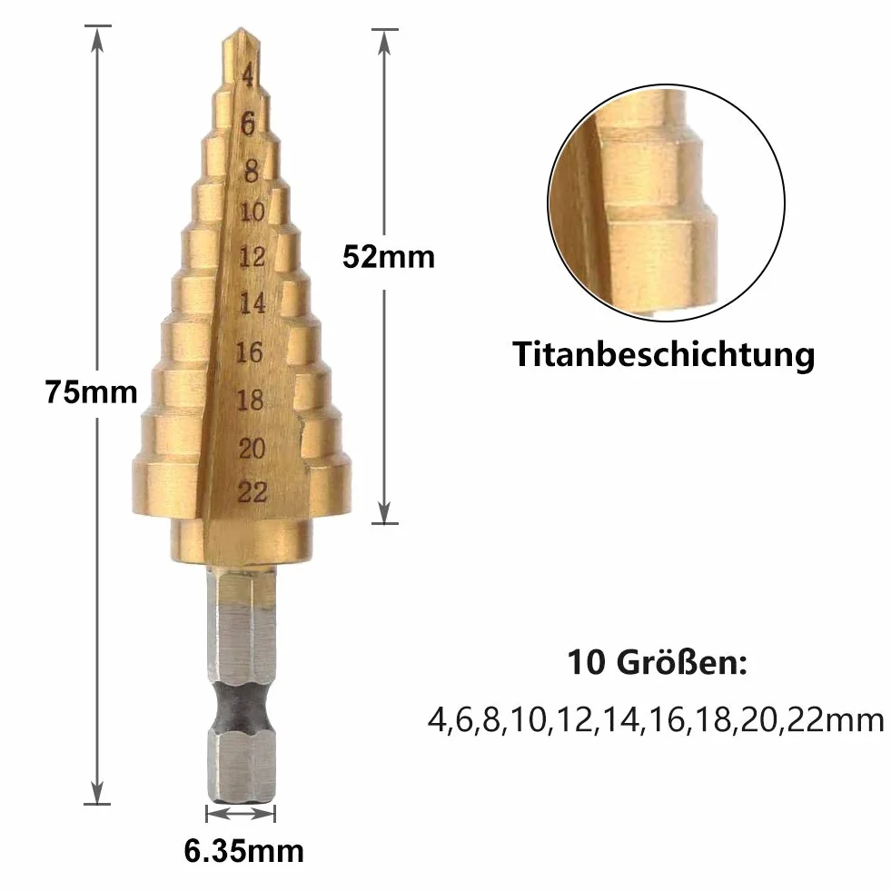 4-22 mm wiertło stopniowe HSS wiertło stożkowe wiertło stożkowe 6,35 mm sześciokątny trzpień powlekany tytanem wiertło stopniowe do drewna tworzywa sztucznego itp