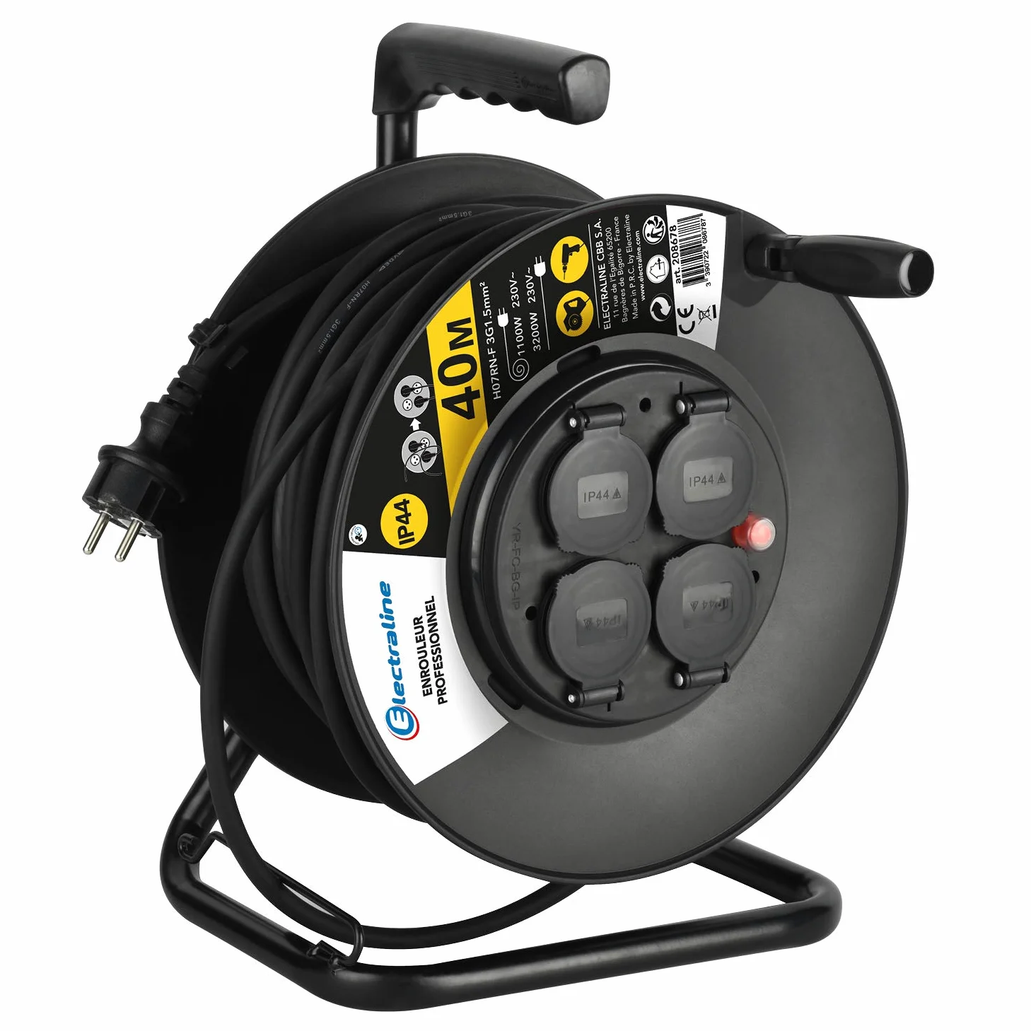 Electraline 208678 bęben kablowy, profesjonalny, 40 m, na plac budowy, gniazda wtykowe IP44, z prowadnicą przewodów, stałą płytką i ergonomicznym uchwytem, czarny