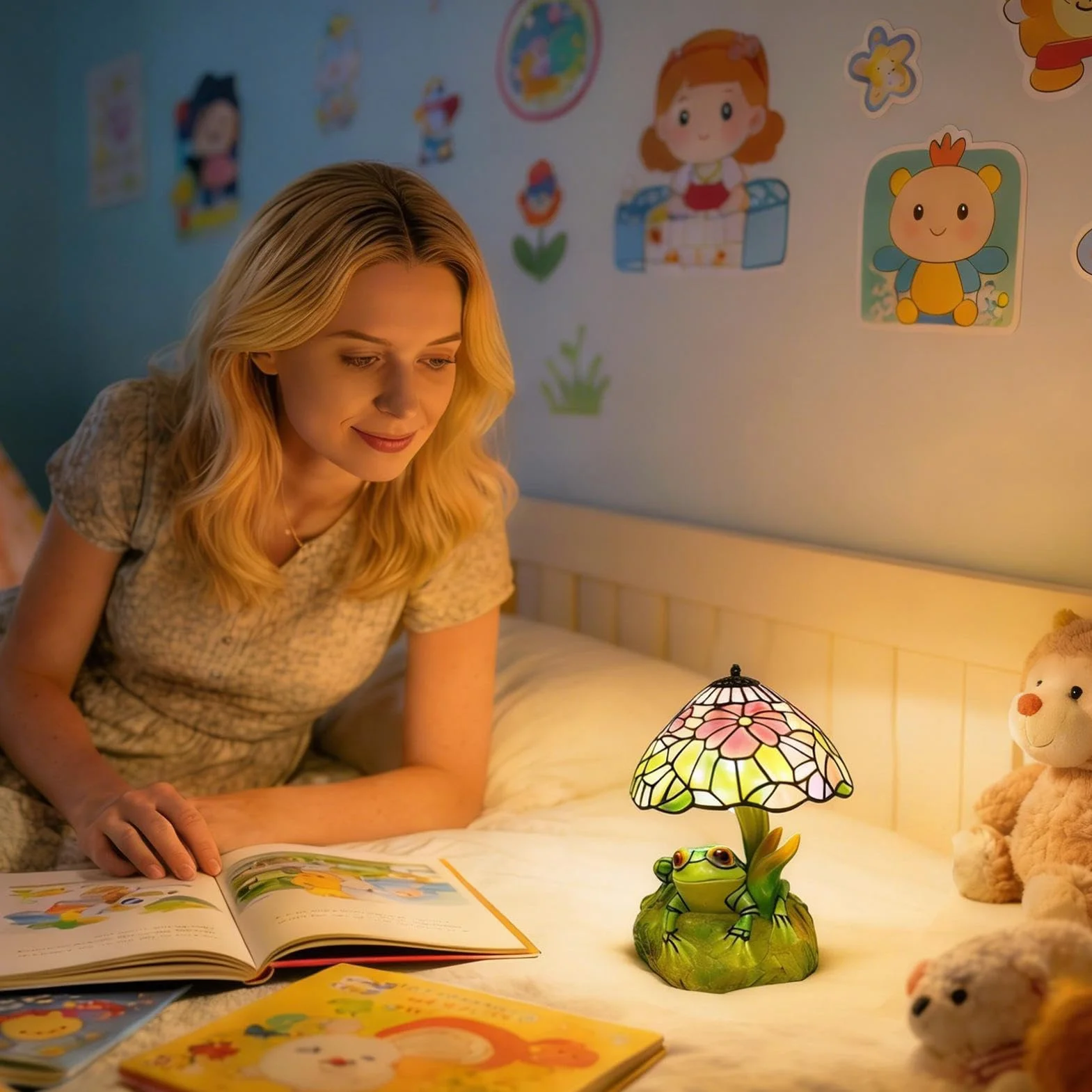 Lampa Witrażowa - Żabie Oświetlenie LED do Czytania | Żabia Lampa Stołowa - do Stołu Sypialni Biura Salonu i Sypialnianej Szafki